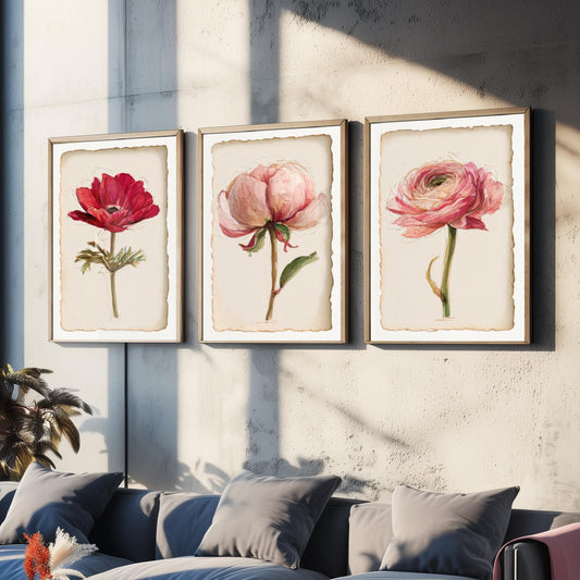 Watercolour Flower Set of Three Art Prints - Anemone, Peony, Ranunculus - Romantic Botanical Painting Poster V2