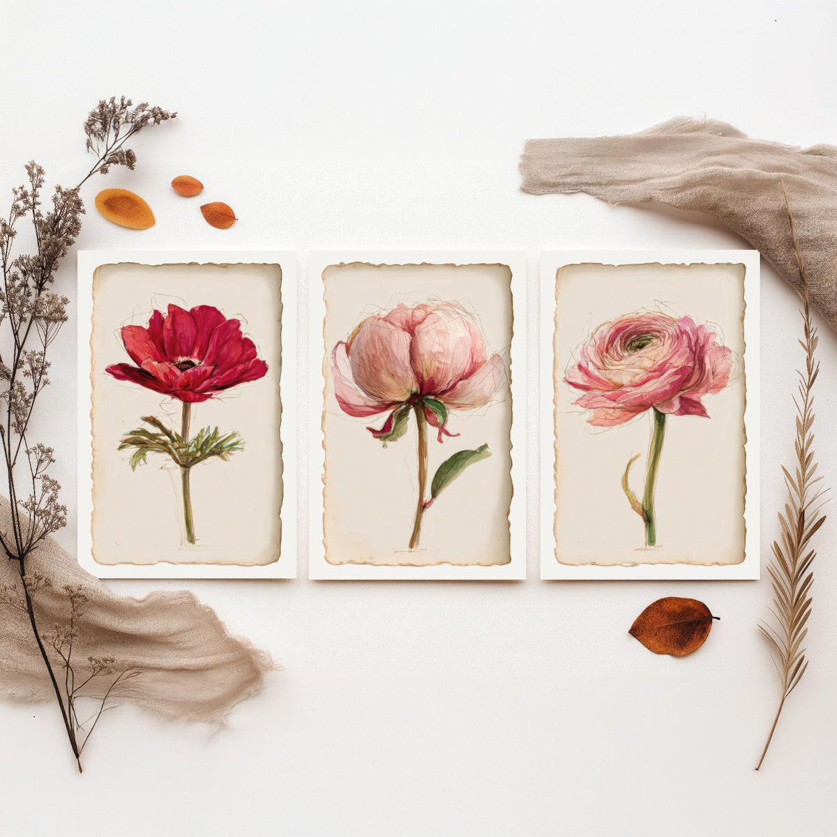 Watercolour Flower Set of Three Art Prints - Anemone, Peony, Ranunculus - Romantic Botanical Painting Poster V2