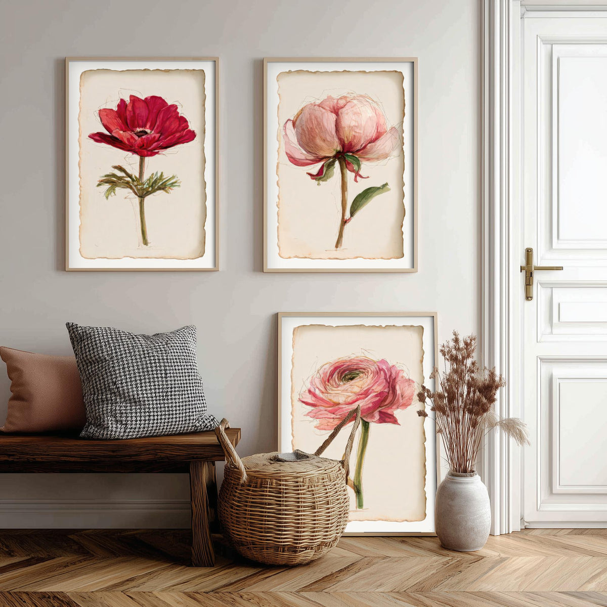 Watercolour Flower Set of Three Art Prints - Anemone, Peony, Ranunculus - Romantic Botanical Painting Poster V2