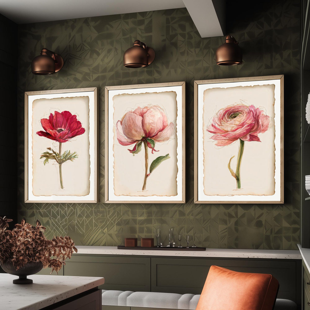 Watercolour Flower Set of Three Art Prints - Anemone, Peony, Ranunculus - Romantic Botanical Painting Poster V2