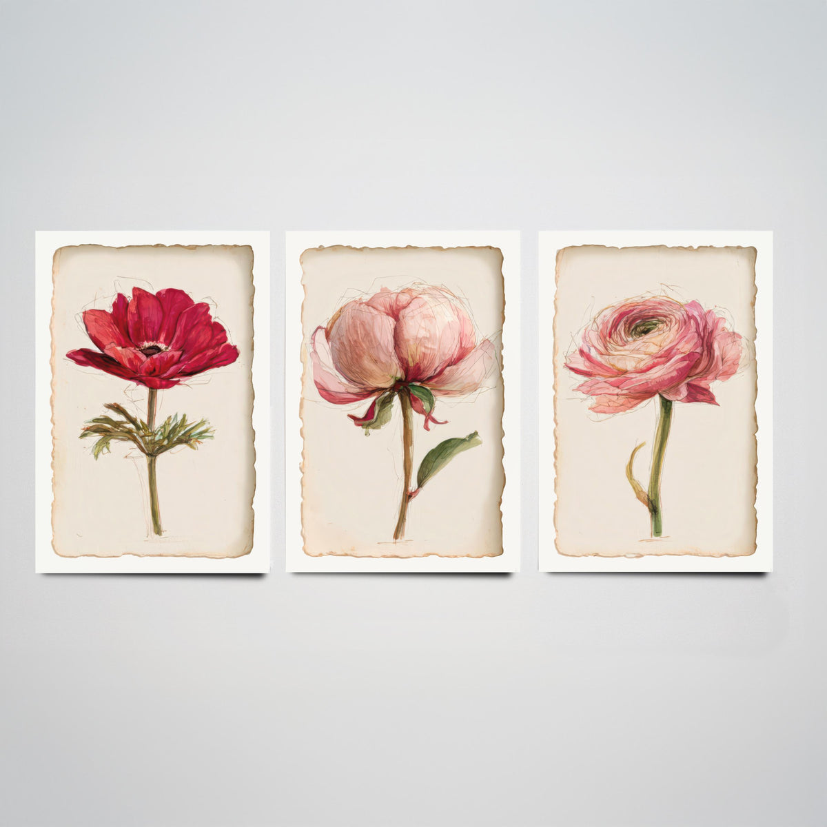 Watercolour Flower Set of Three Art Prints - Anemone, Peony, Ranunculus - Romantic Botanical Painting Poster V2