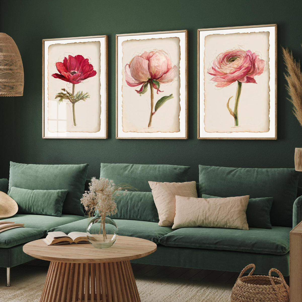 Watercolour Flower Set of Three Art Prints - Anemone, Peony, Ranunculus - Romantic Botanical Painting Poster V2