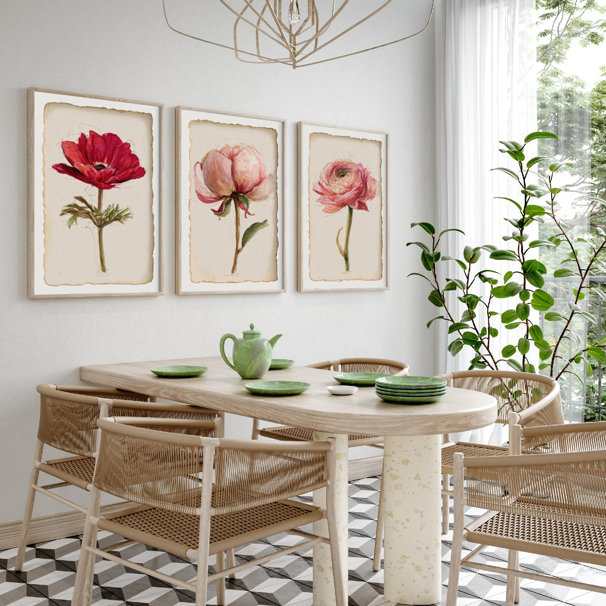Watercolour Flower Set of Three Art Prints - Anemone, Peony, Ranunculus - Romantic Botanical Painting Poster V2