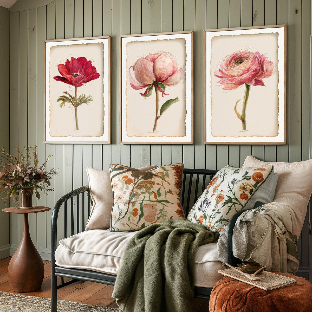 Watercolour Flower Set of Three Art Prints - Anemone, Peony, Ranunculus - Romantic Botanical Painting Poster V2