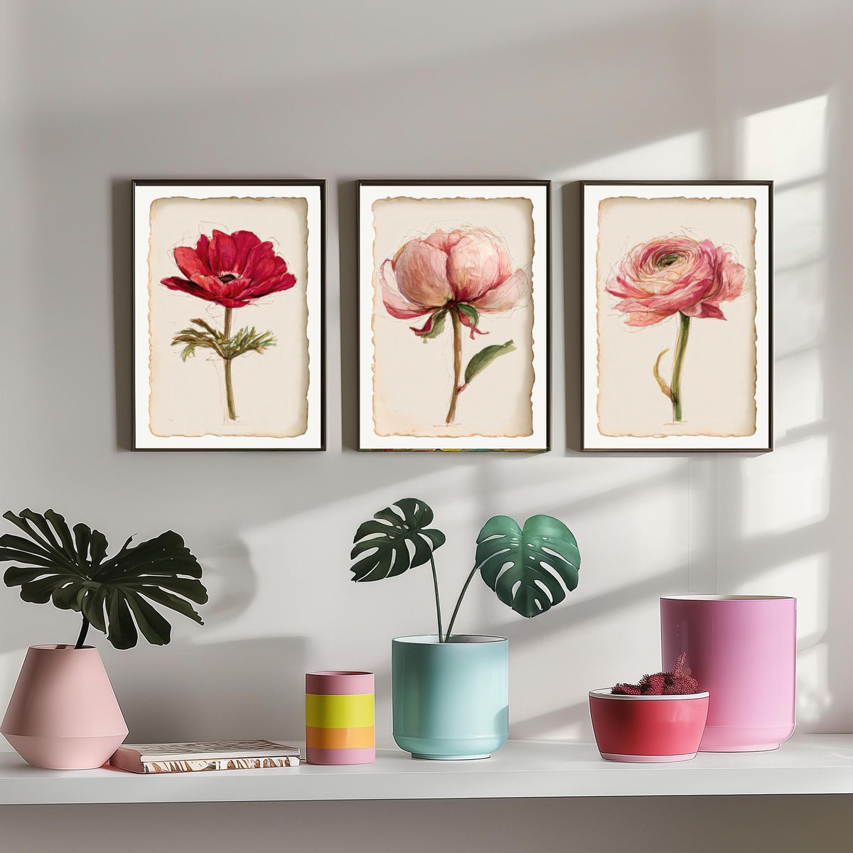 Watercolour Flower Set of Three Art Prints - Anemone, Peony, Ranunculus - Romantic Botanical Painting Poster V2