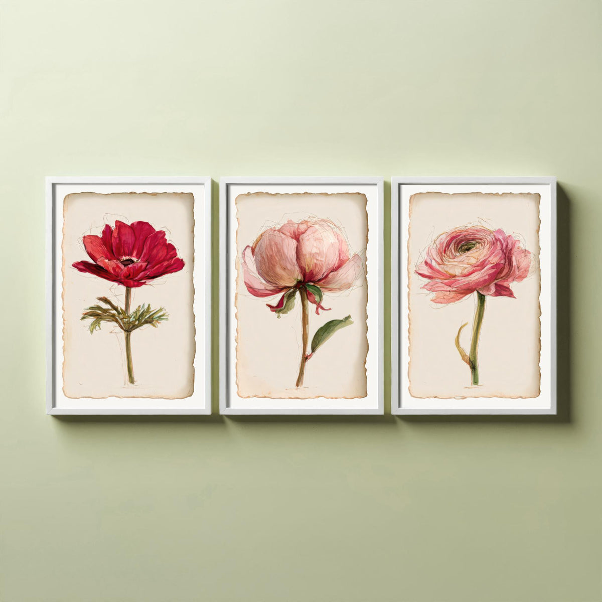 Watercolour Flower Set of Three Art Prints - Anemone, Peony, Ranunculus - Romantic Botanical Painting Poster V2