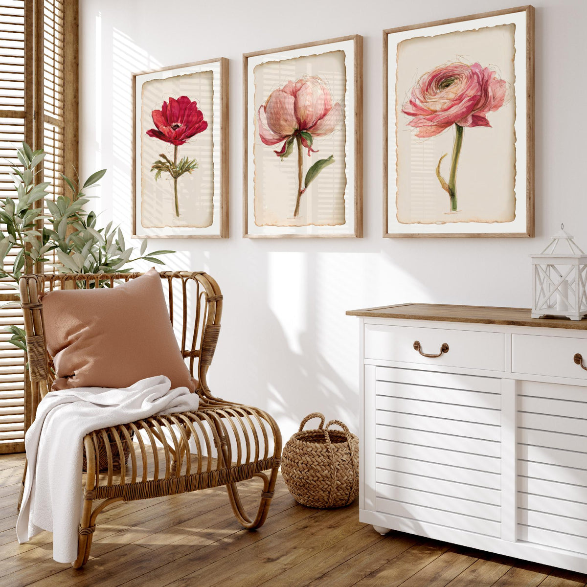 Watercolour Flower Set of Three Art Prints - Anemone, Peony, Ranunculus - Romantic Botanical Painting Poster V2