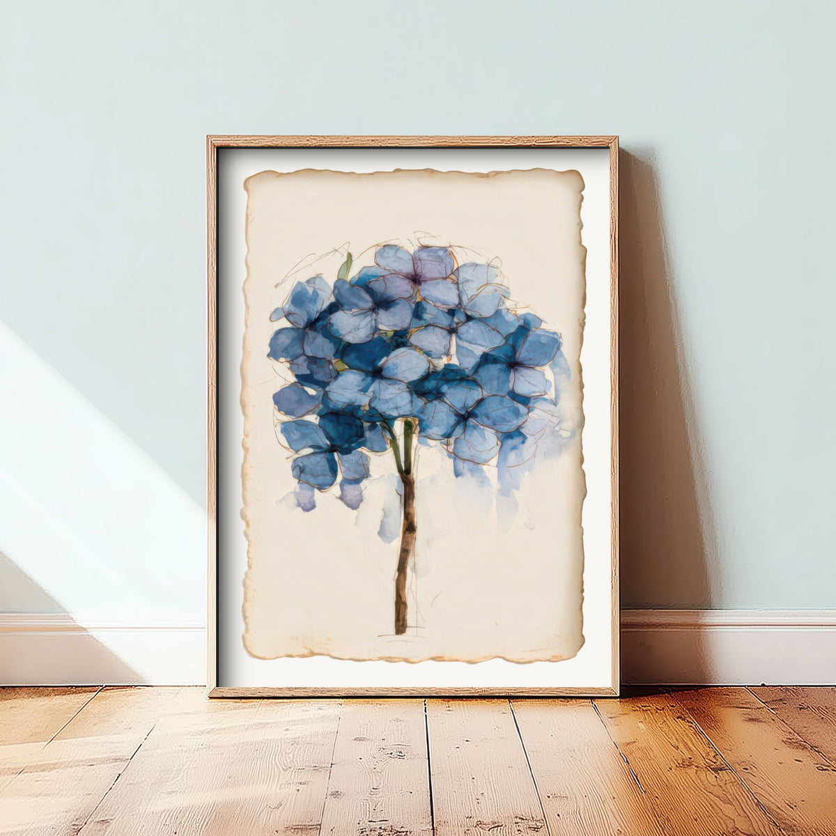 Blue Hydrangea Art Print - Cornflower Bloom Poster - Faded Watercolour Botanical Sketch V1 3/3