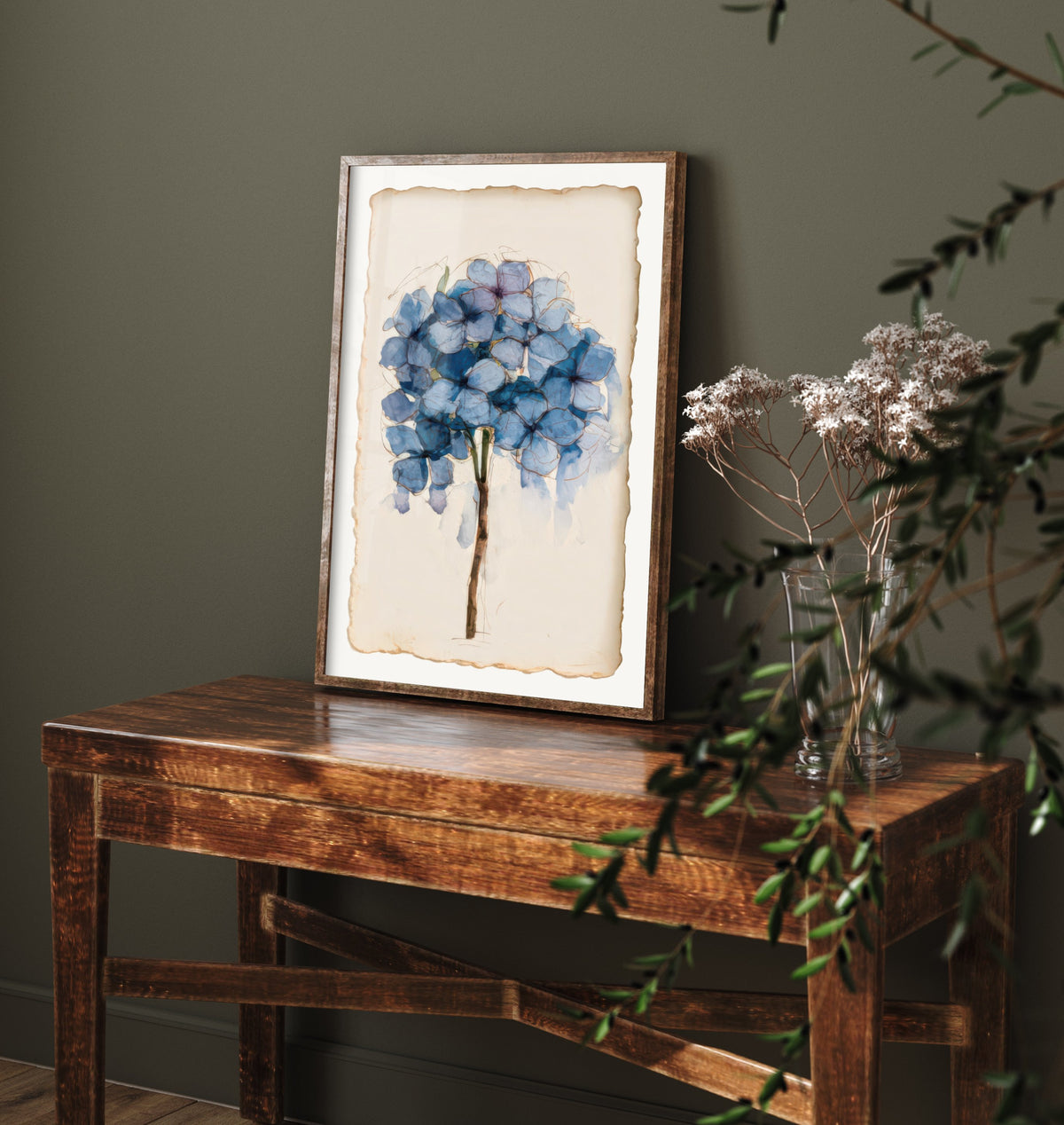 Blue Hydrangea Art Print - Cornflower Bloom Poster - Faded Watercolour Botanical Sketch V1 3/3