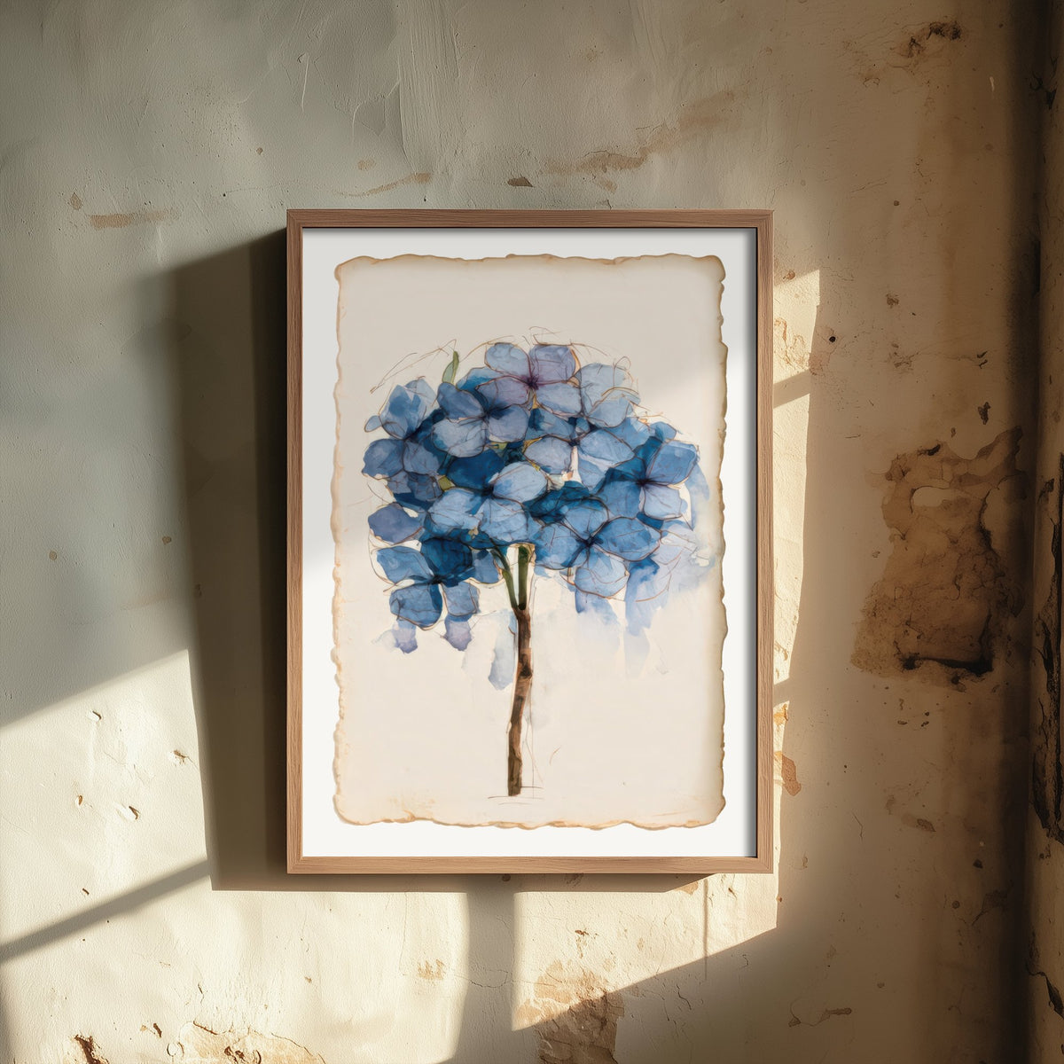 Blue Hydrangea Art Print - Cornflower Bloom Poster - Faded Watercolour Botanical Sketch V1 3/3