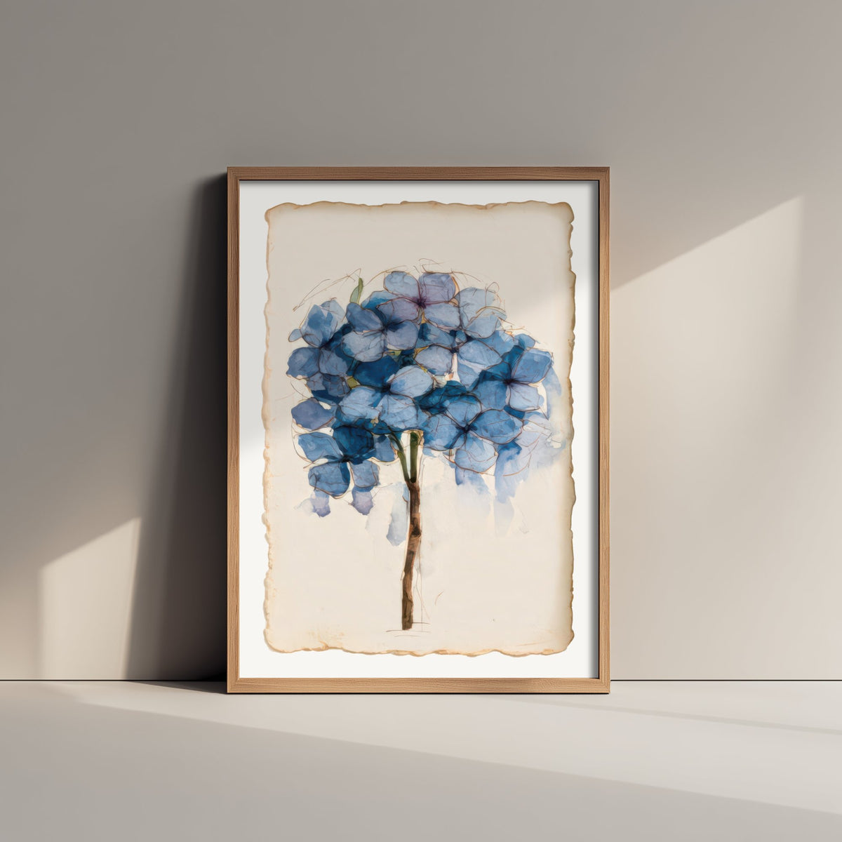 Blue Hydrangea Art Print - Cornflower Bloom Poster - Faded Watercolour Botanical Sketch V1 3/3