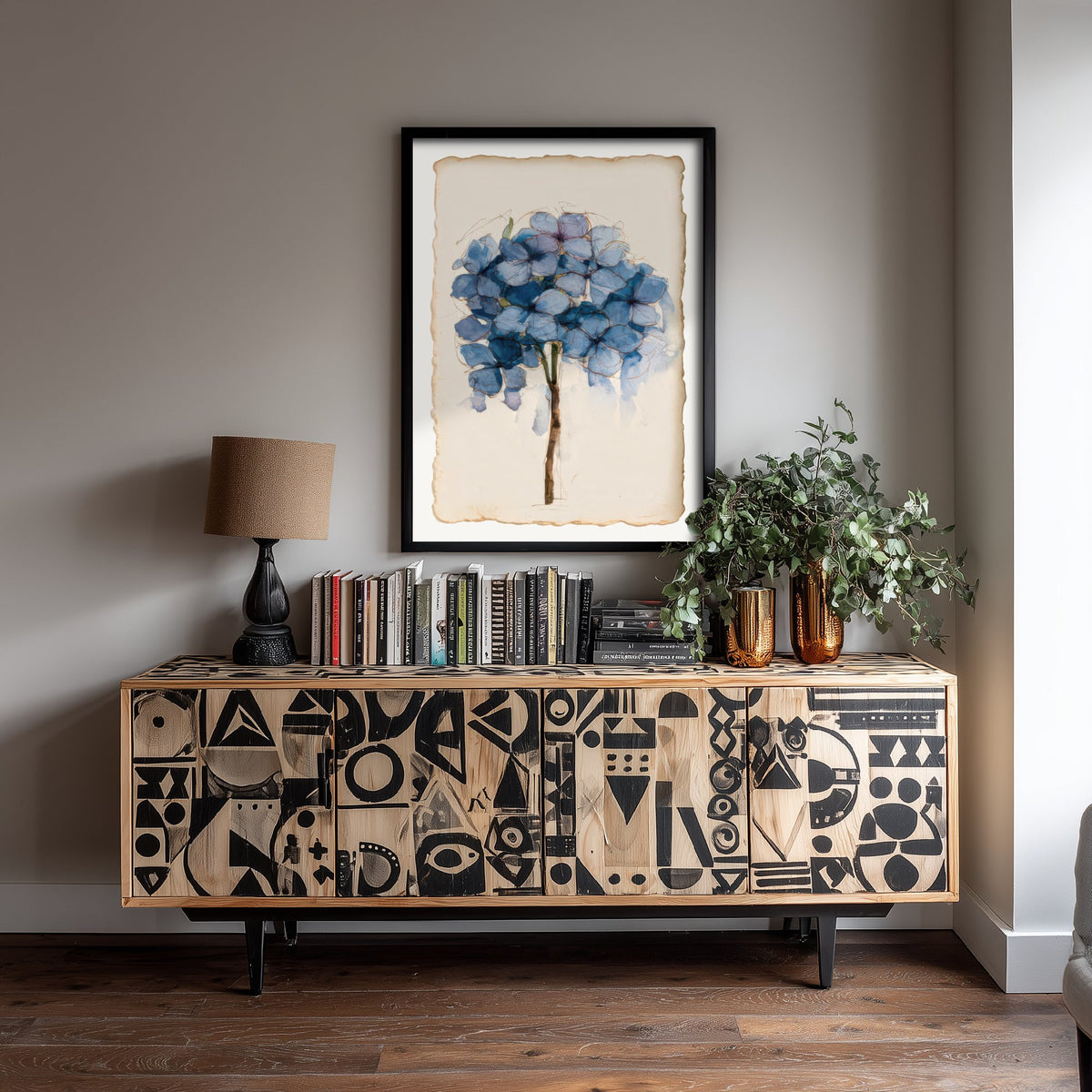Blue Hydrangea Art Print - Cornflower Bloom Poster - Faded Watercolour Botanical Sketch V1 3/3