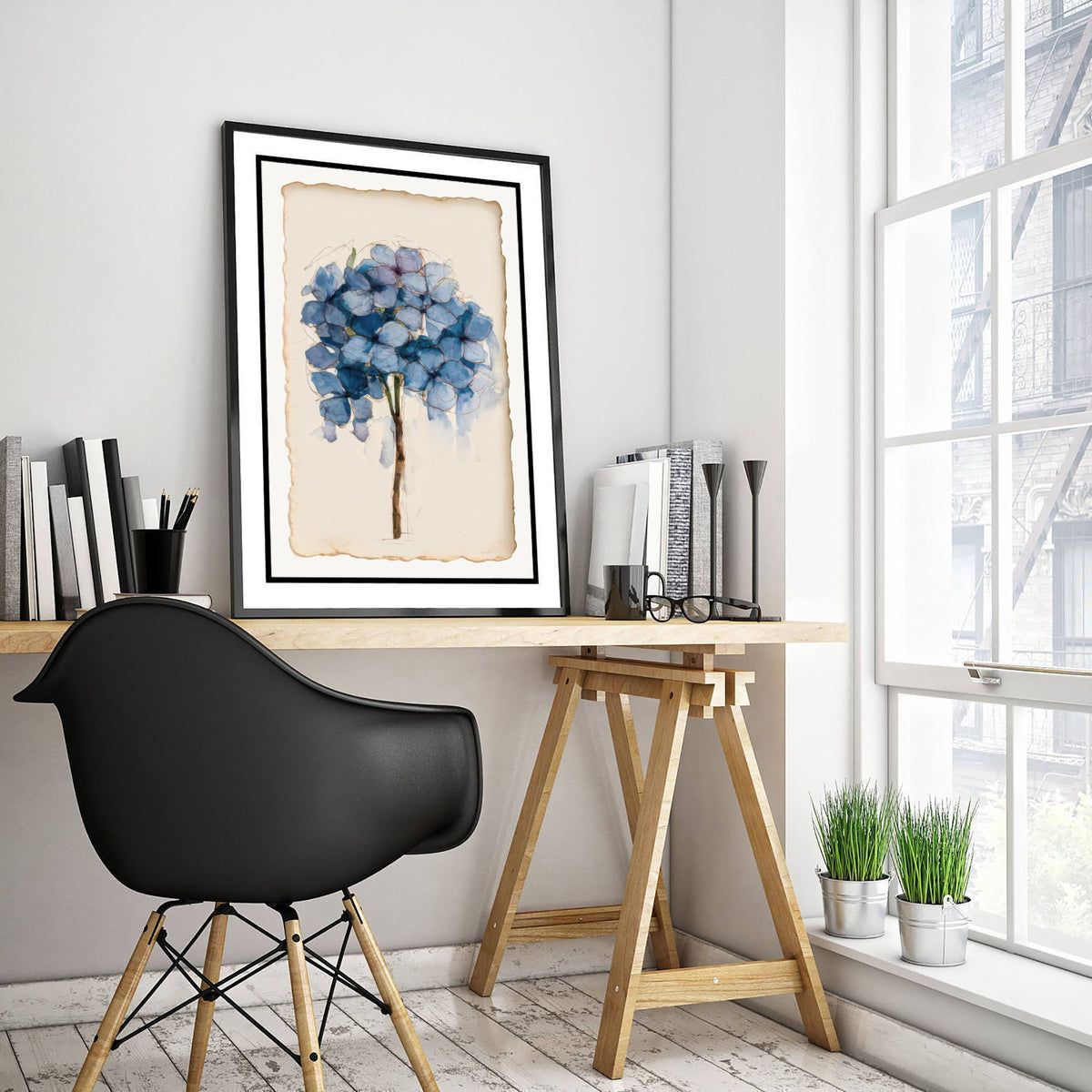 Blue Hydrangea Art Print - Cornflower Bloom Poster - Faded Watercolour Botanical Sketch V1 3/3