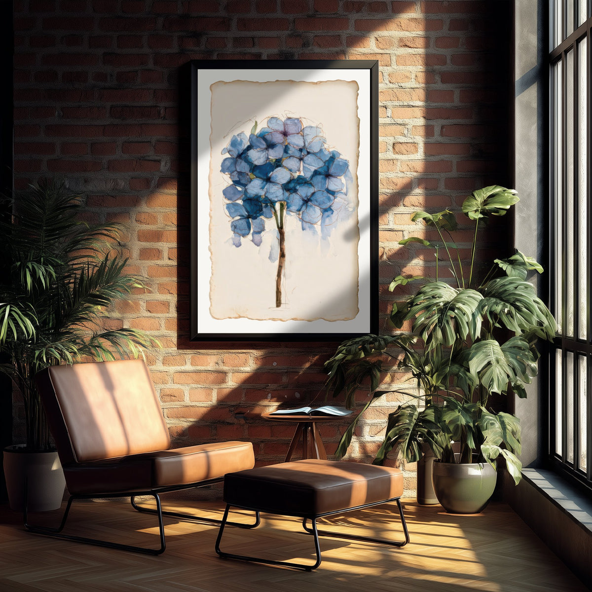 Blue Hydrangea Art Print - Cornflower Bloom Poster - Faded Watercolour Botanical Sketch V1 3/3