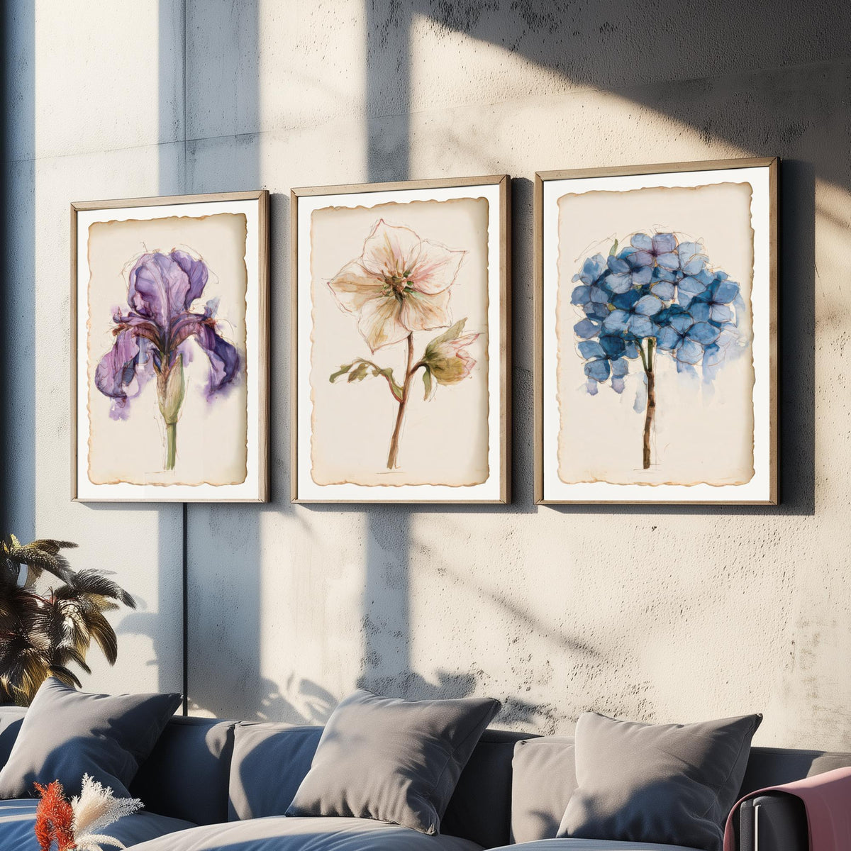 Watercolour Flower Set of Three Art Prints - Iris, Hellebore, Hydrangea - Vintage Botanical Poster Painting V1