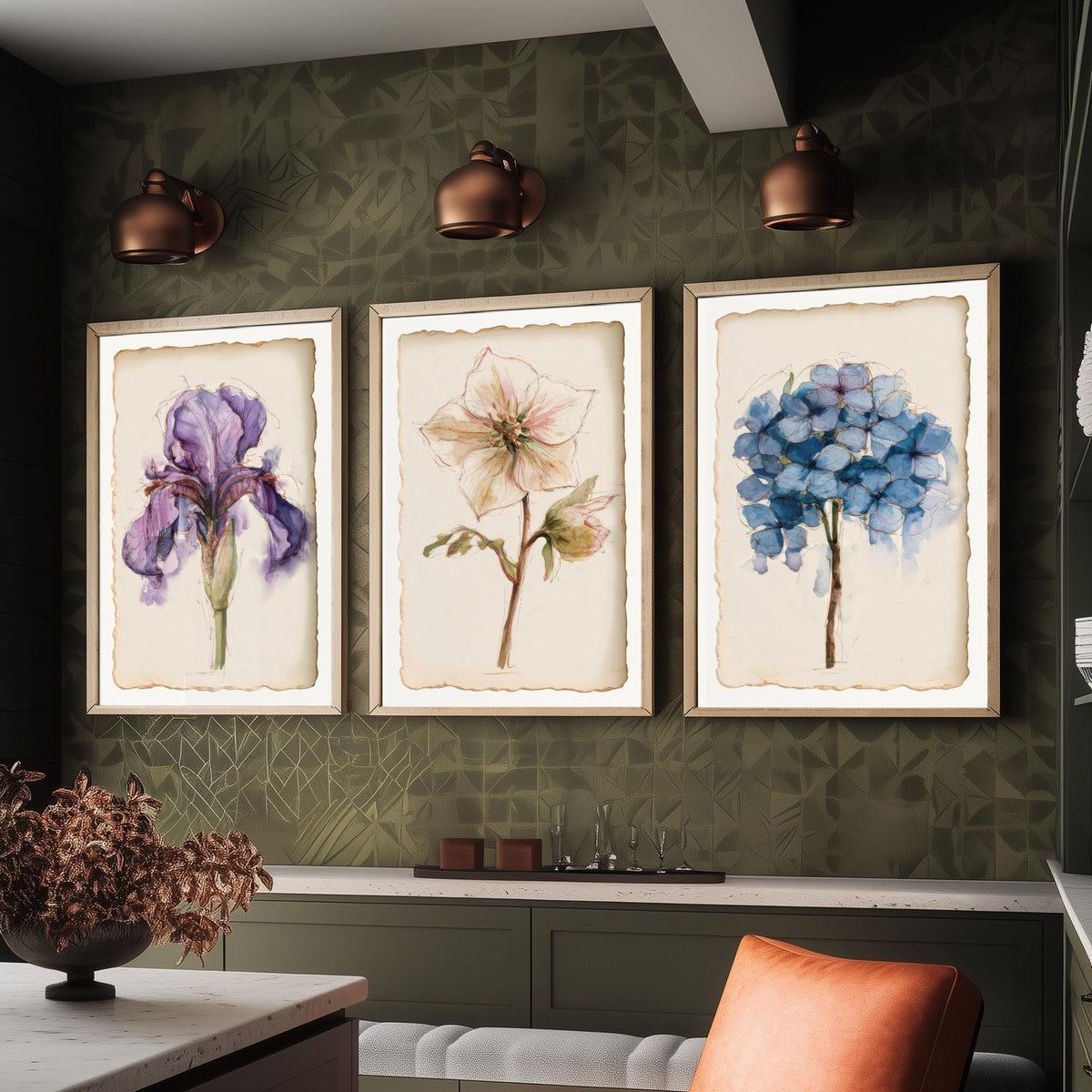 Watercolour Flower Set of Three Art Prints - Iris, Hellebore, Hydrangea - Vintage Botanical Poster Painting V1