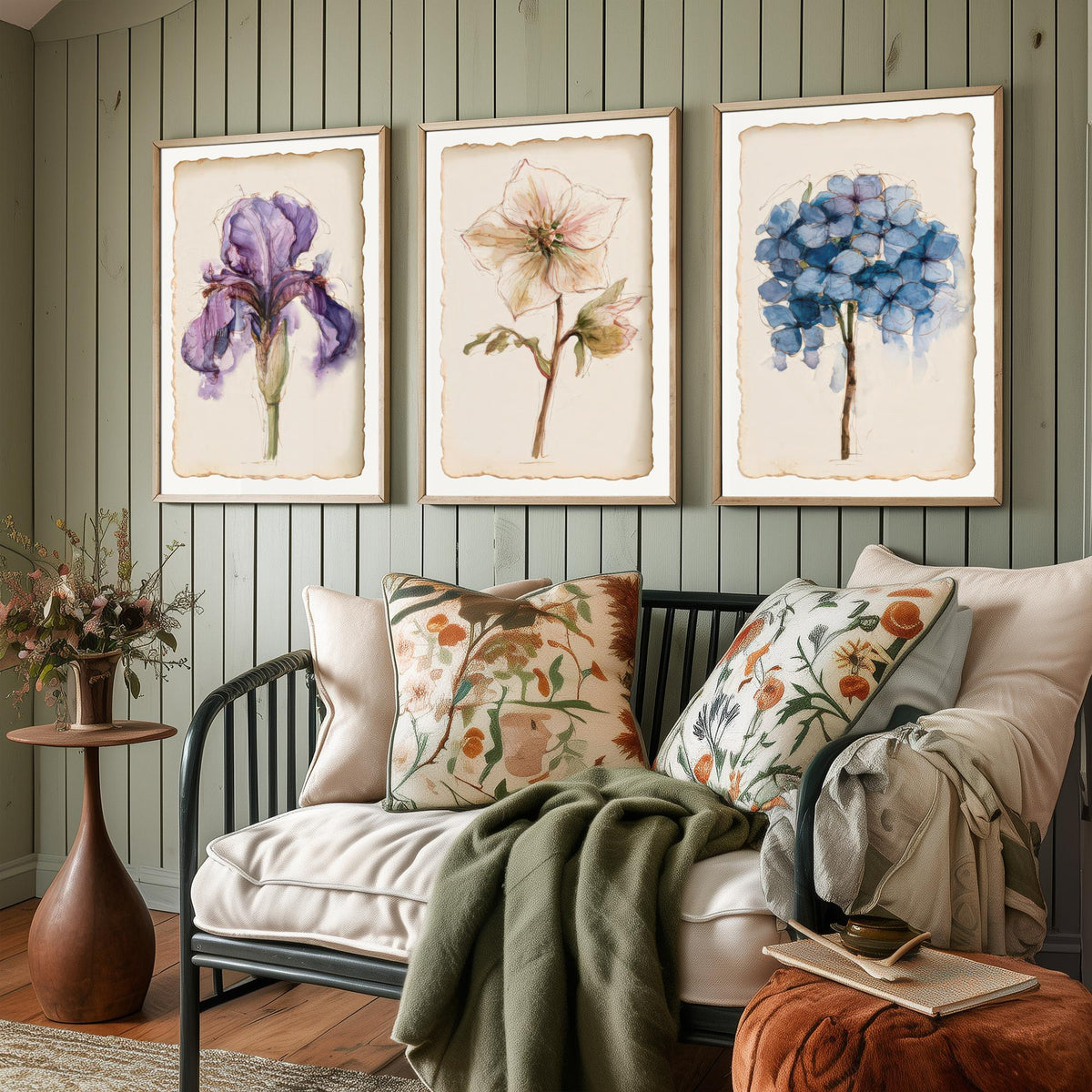 Watercolour Flower Set of Three Art Prints - Iris, Hellebore, Hydrangea - Vintage Botanical Poster Painting V1