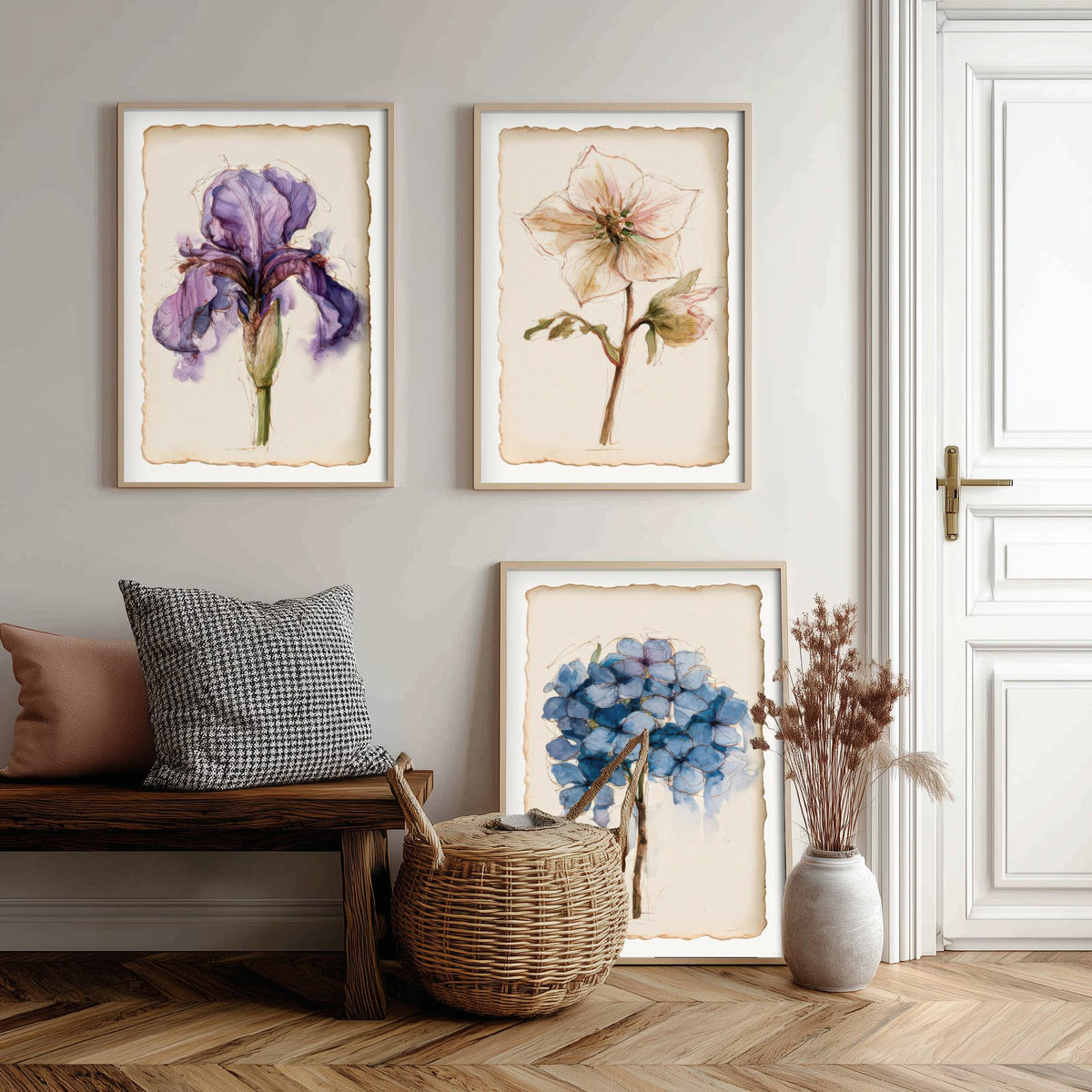 Watercolour Flower Set of Three Art Prints - Iris, Hellebore, Hydrangea - Vintage Botanical Poster Painting V1