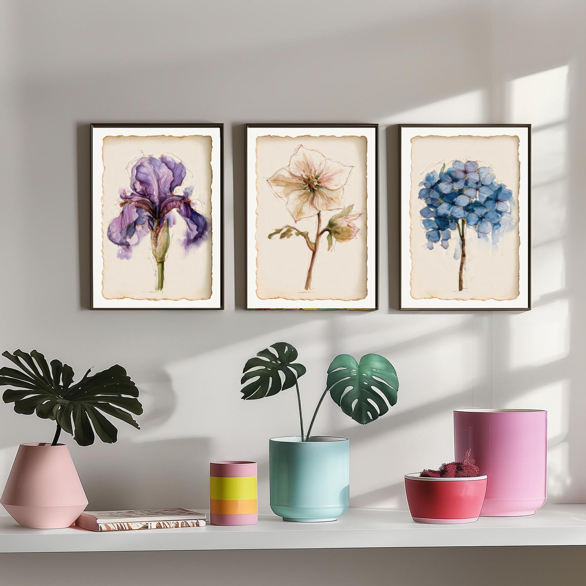 Watercolour Flower Set of Three Art Prints - Iris, Hellebore, Hydrangea - Vintage Botanical Poster Painting V1