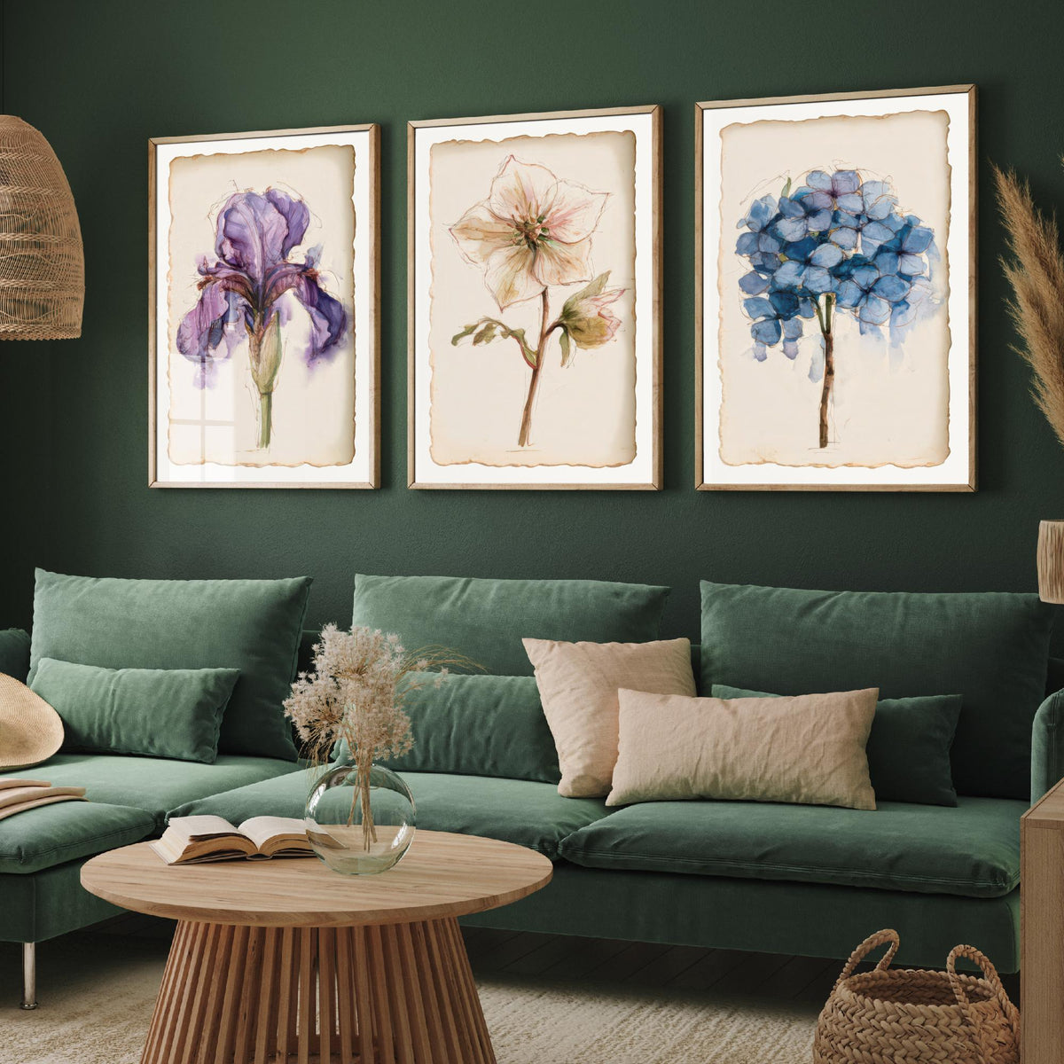 Watercolour Flower Set of Three Art Prints - Iris, Hellebore, Hydrangea - Vintage Botanical Poster Painting V1