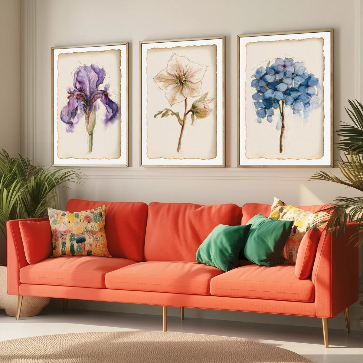 Watercolour Flower Set of Three Art Prints - Iris, Hellebore, Hydrangea - Vintage Botanical Poster Painting V1