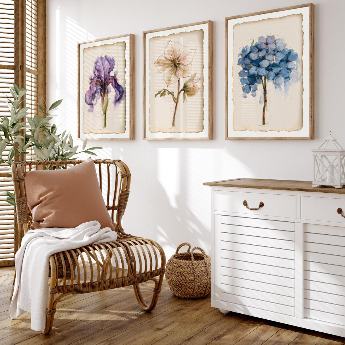 Watercolour Flower Set of Three Art Prints - Iris, Hellebore, Hydrangea - Vintage Botanical Poster Painting V1