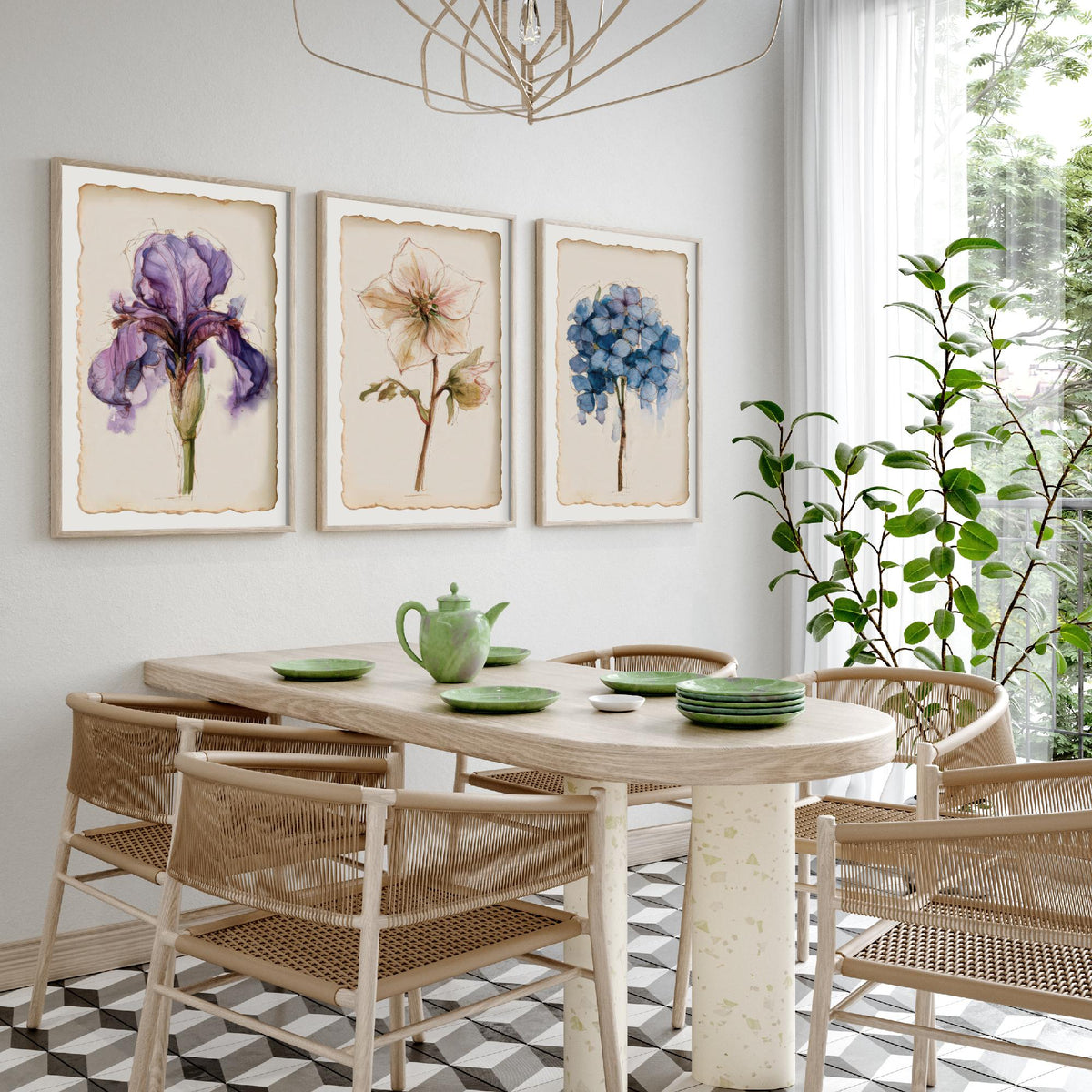 Watercolour Flower Set of Three Art Prints - Iris, Hellebore, Hydrangea - Vintage Botanical Poster Painting V1