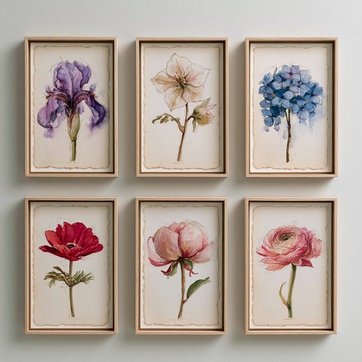 Set of Six Watercolour Flower Art Prints - 6 Botanical Blooms - Iris, Hellebore, Hydrangea, Anemone, Peony, Ranunculus - Poster