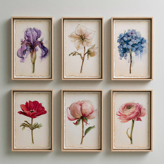 Set of Six Watercolour Flower Art Prints - 6 Botanical Blooms - Iris, Hellebore, Hydrangea, Anemone, Peony, Ranunculus - Poster