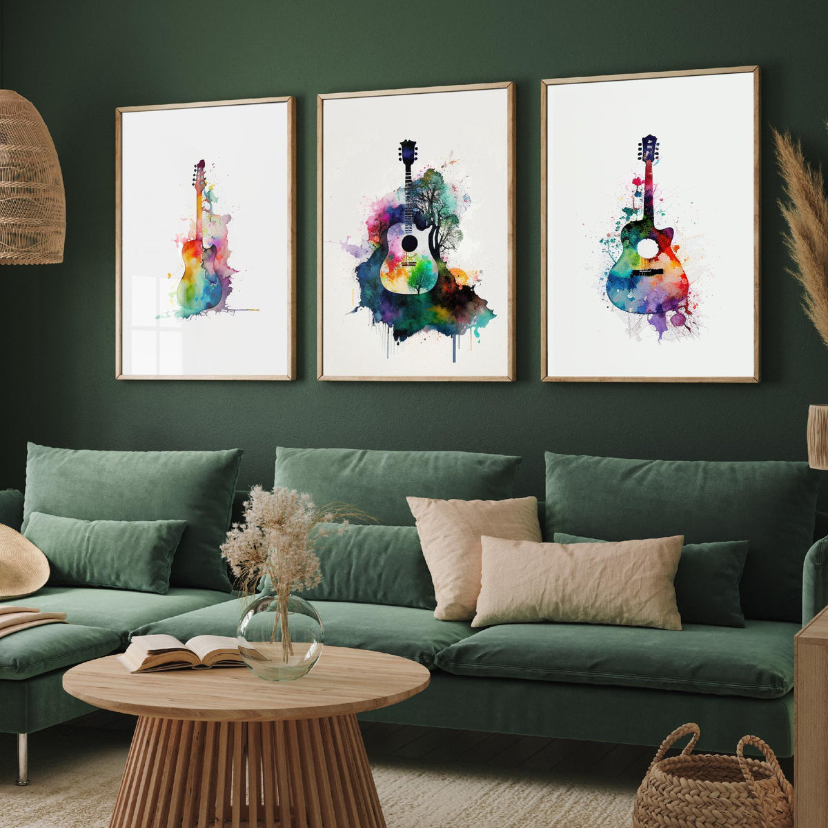 Set of Three Guitar Art Prints - 3 Watercolour Music Posters - Rainbow Guitar Silhouette Wall Art Gift Musician Illustration