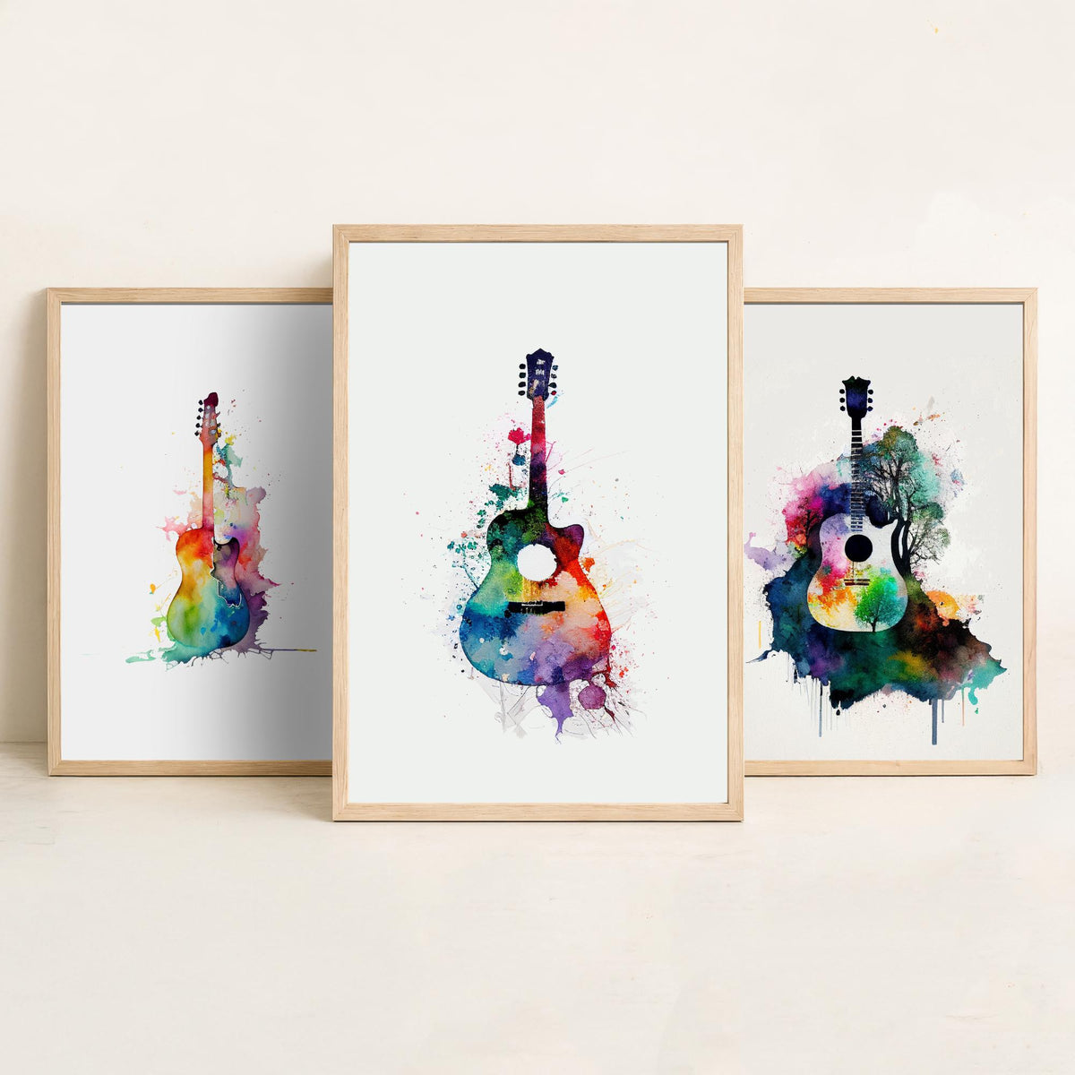 Set of Three Guitar Art Prints - 3 Watercolour Music Posters - Rainbow Guitar Silhouette Wall Art Gift Musician Illustration