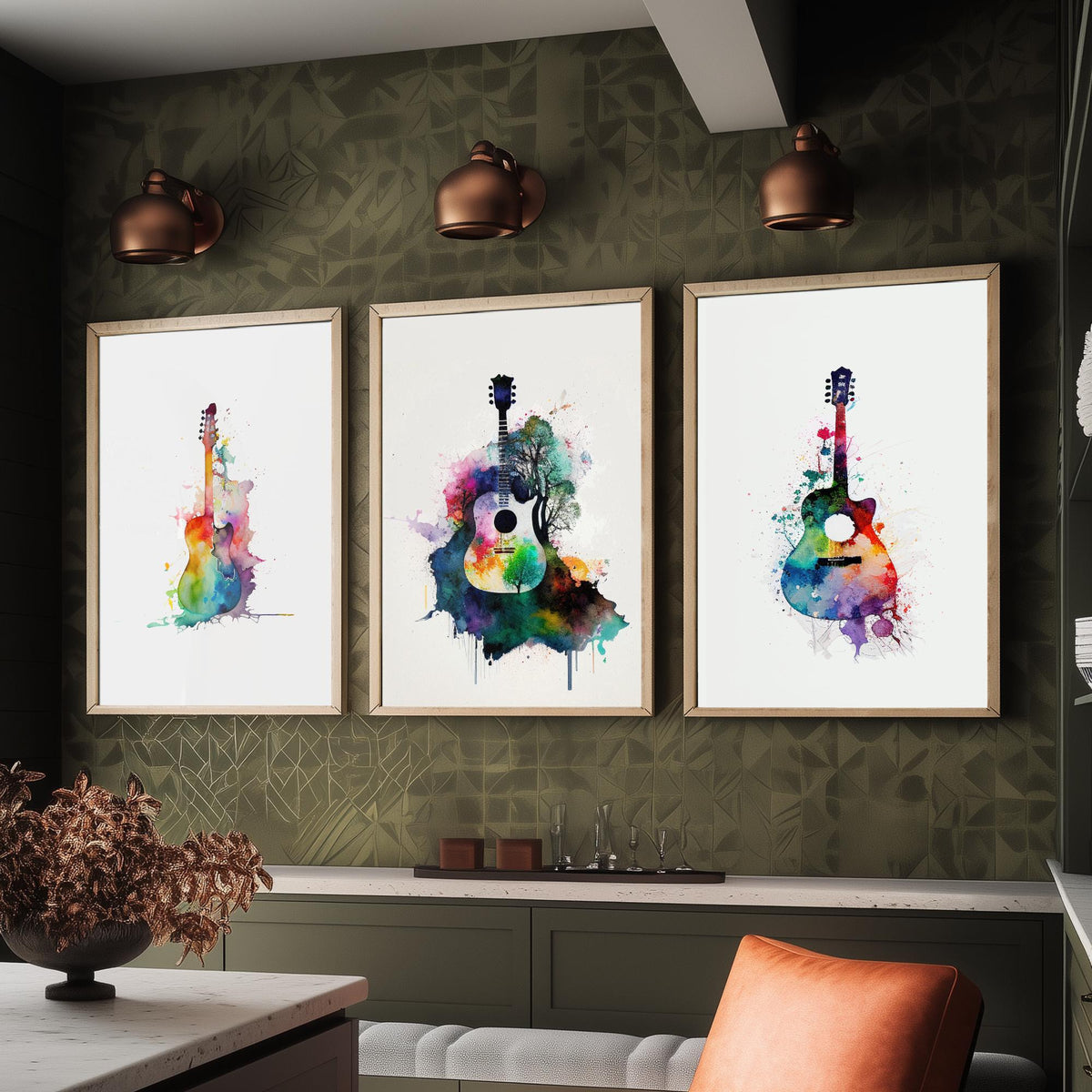 Set of Three Guitar Art Prints - 3 Watercolour Music Posters - Rainbow Guitar Silhouette Wall Art Gift Musician Illustration