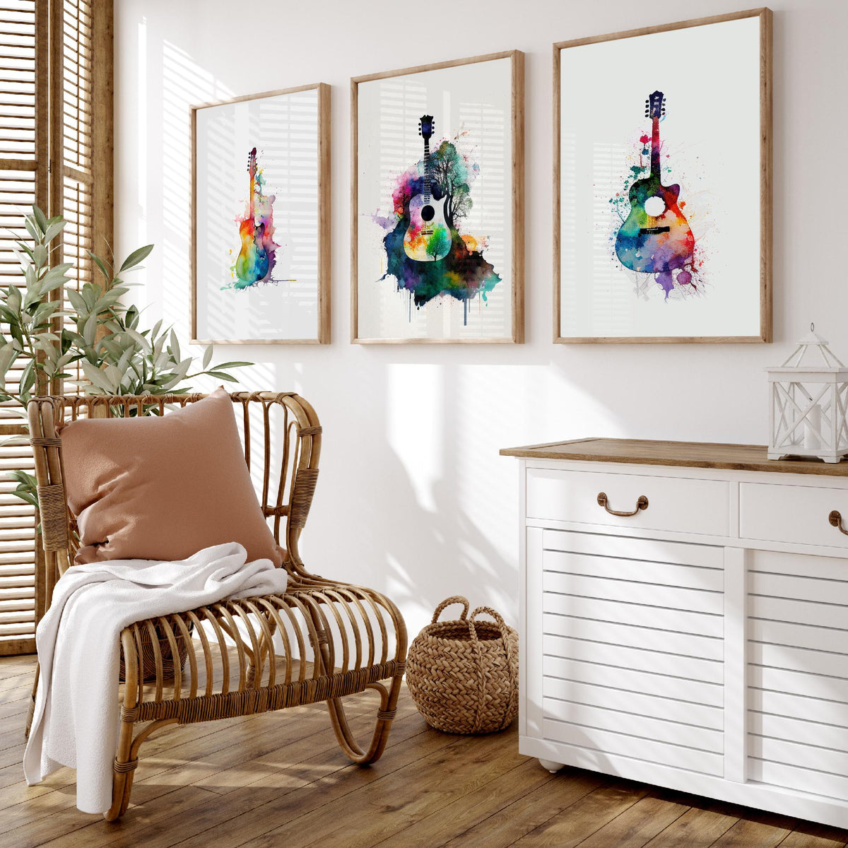 Set of Three Guitar Art Prints - 3 Watercolour Music Posters - Rainbow Guitar Silhouette Wall Art Gift Musician Illustration