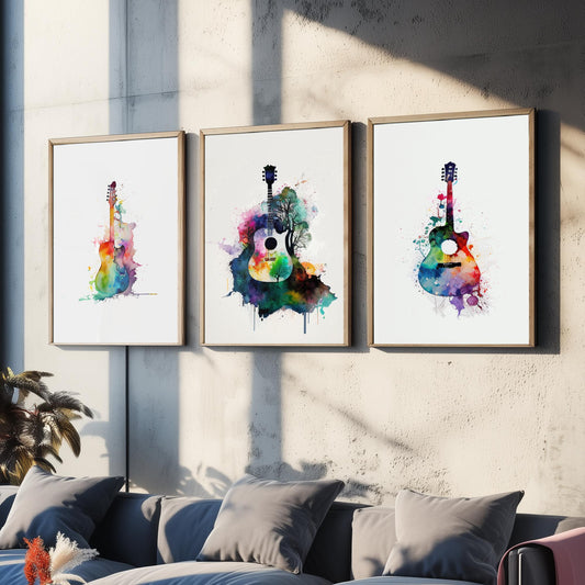 Set of Three Guitar Art Prints - 3 Watercolour Music Posters - Rainbow Guitar Silhouette Wall Art Gift Musician Illustration