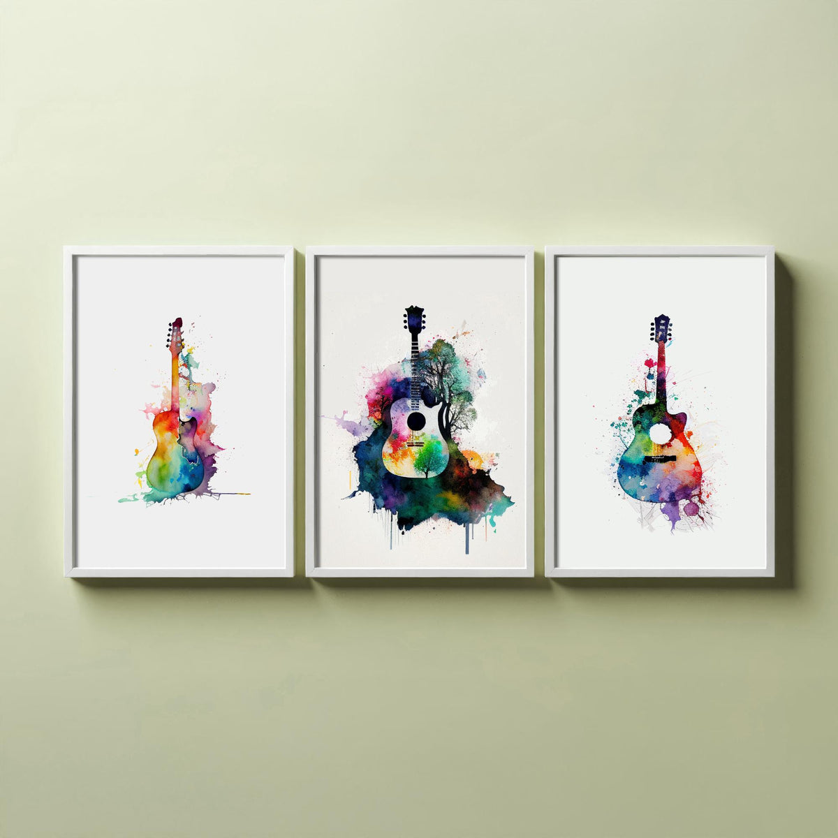 Set of Three Guitar Art Prints - 3 Watercolour Music Posters - Rainbow Guitar Silhouette Wall Art Gift Musician Illustration