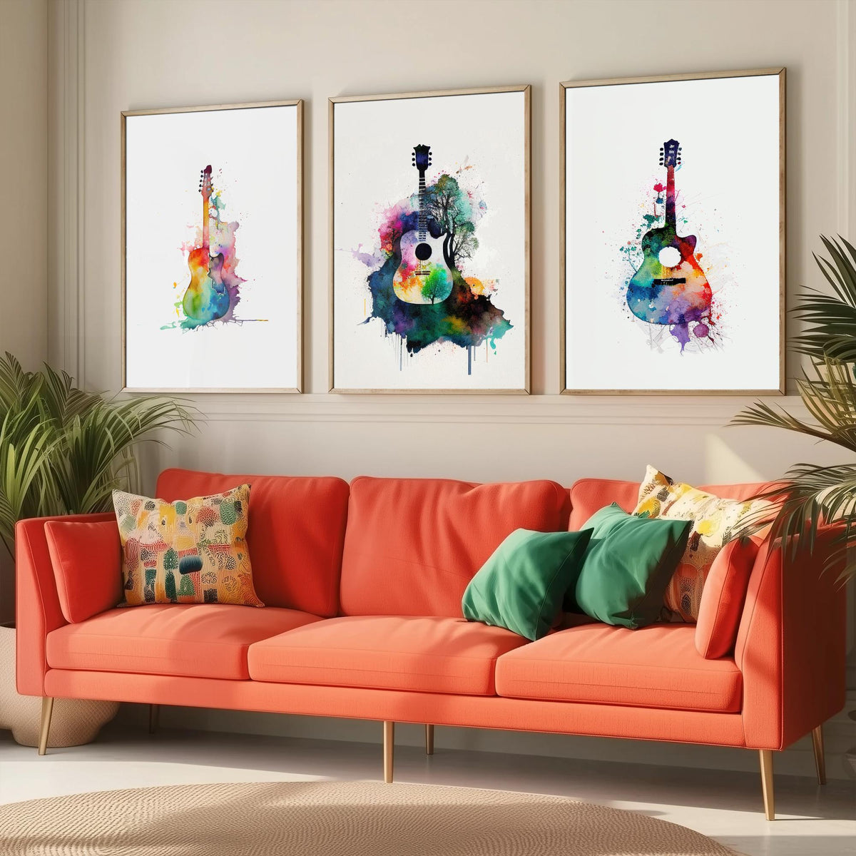 Set of Three Guitar Art Prints - 3 Watercolour Music Posters - Rainbow Guitar Silhouette Wall Art Gift Musician Illustration