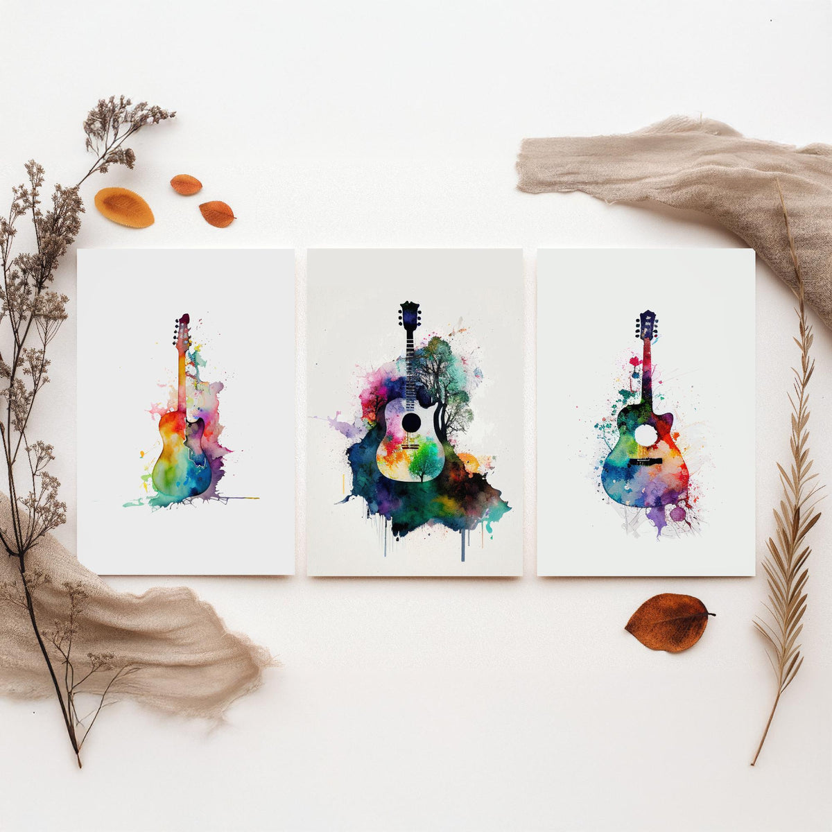 Set of Three Guitar Art Prints - 3 Watercolour Music Posters - Rainbow Guitar Silhouette Wall Art Gift Musician Illustration