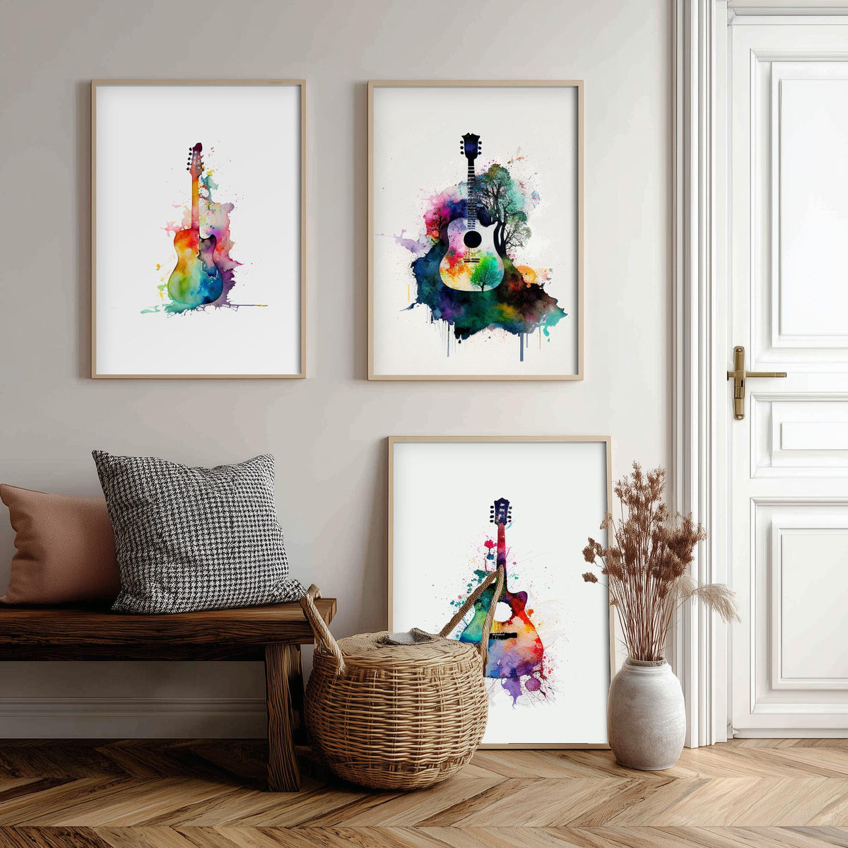 Set of Three Guitar Art Prints - 3 Watercolour Music Posters - Rainbow Guitar Silhouette Wall Art Gift Musician Illustration
