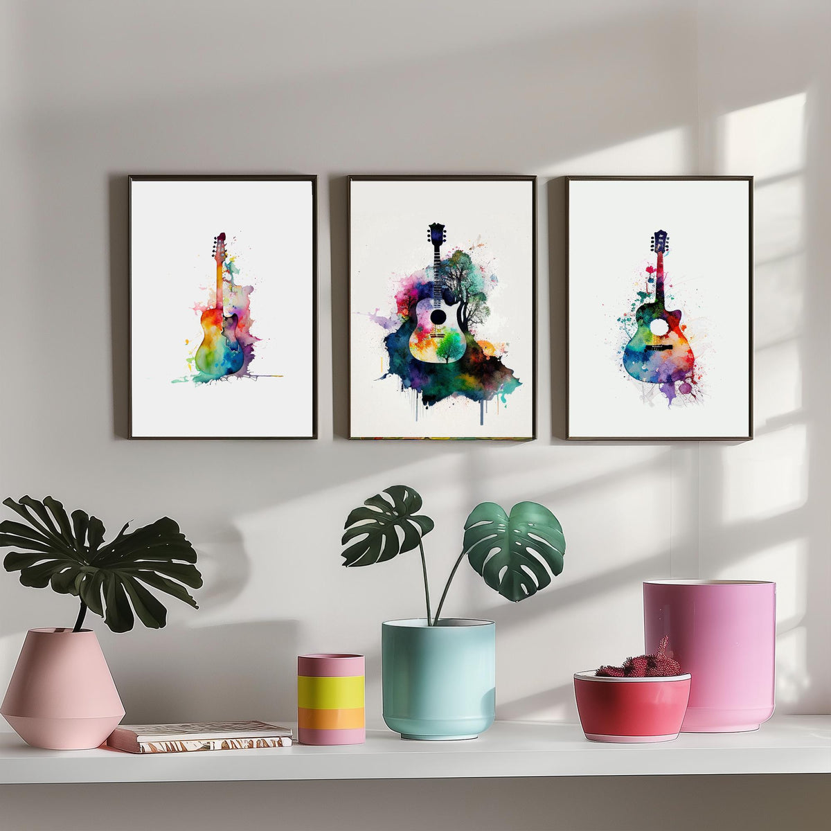 Set of Three Guitar Art Prints - 3 Watercolour Music Posters - Rainbow Guitar Silhouette Wall Art Gift Musician Illustration