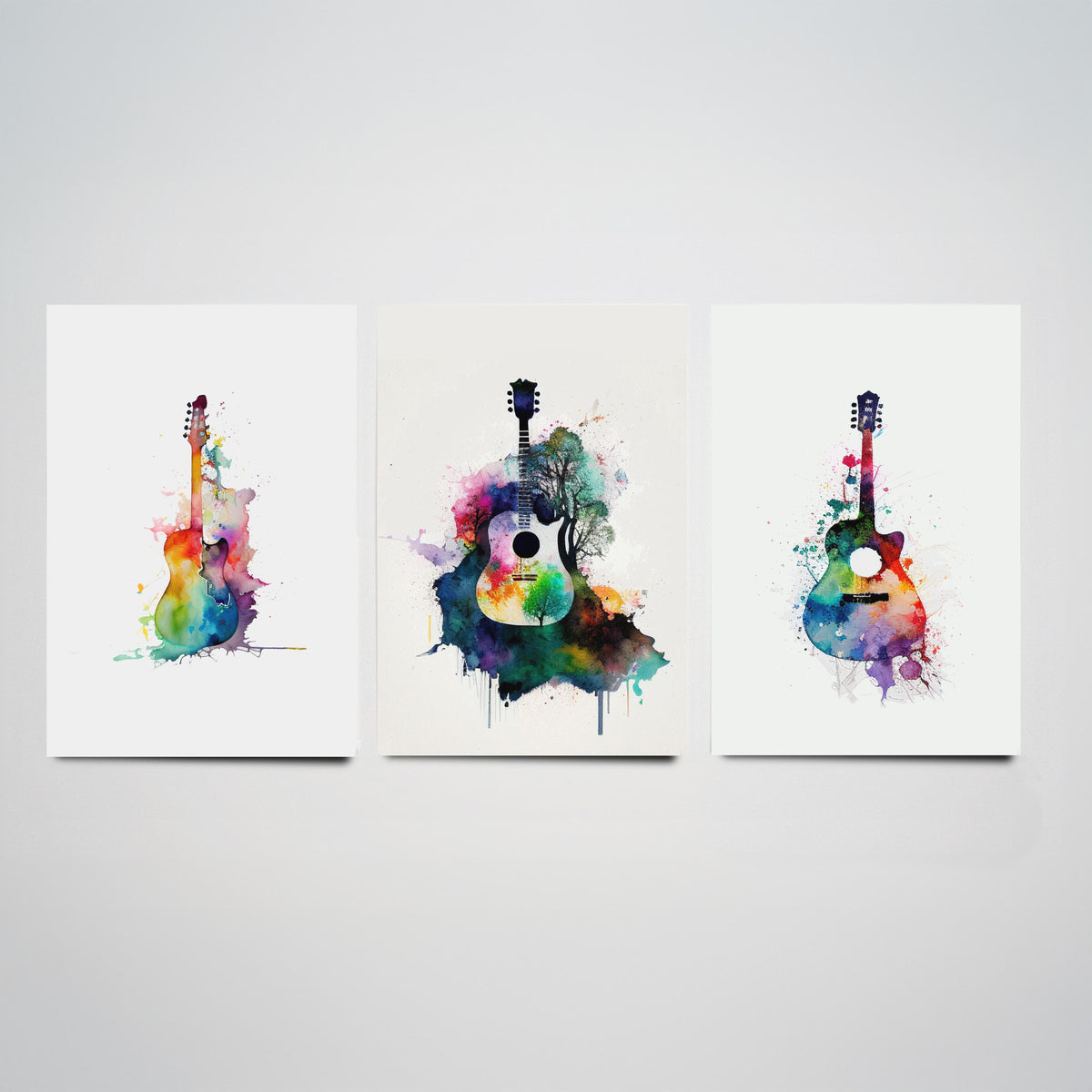 Set of Three Guitar Art Prints - 3 Watercolour Music Posters - Rainbow Guitar Silhouette Wall Art Gift Musician Illustration