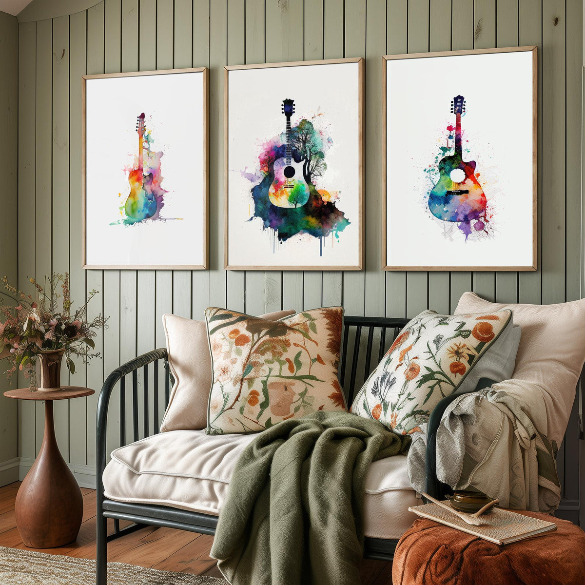 Set of Three Guitar Art Prints - 3 Watercolour Music Posters - Rainbow Guitar Silhouette Wall Art Gift Musician Illustration