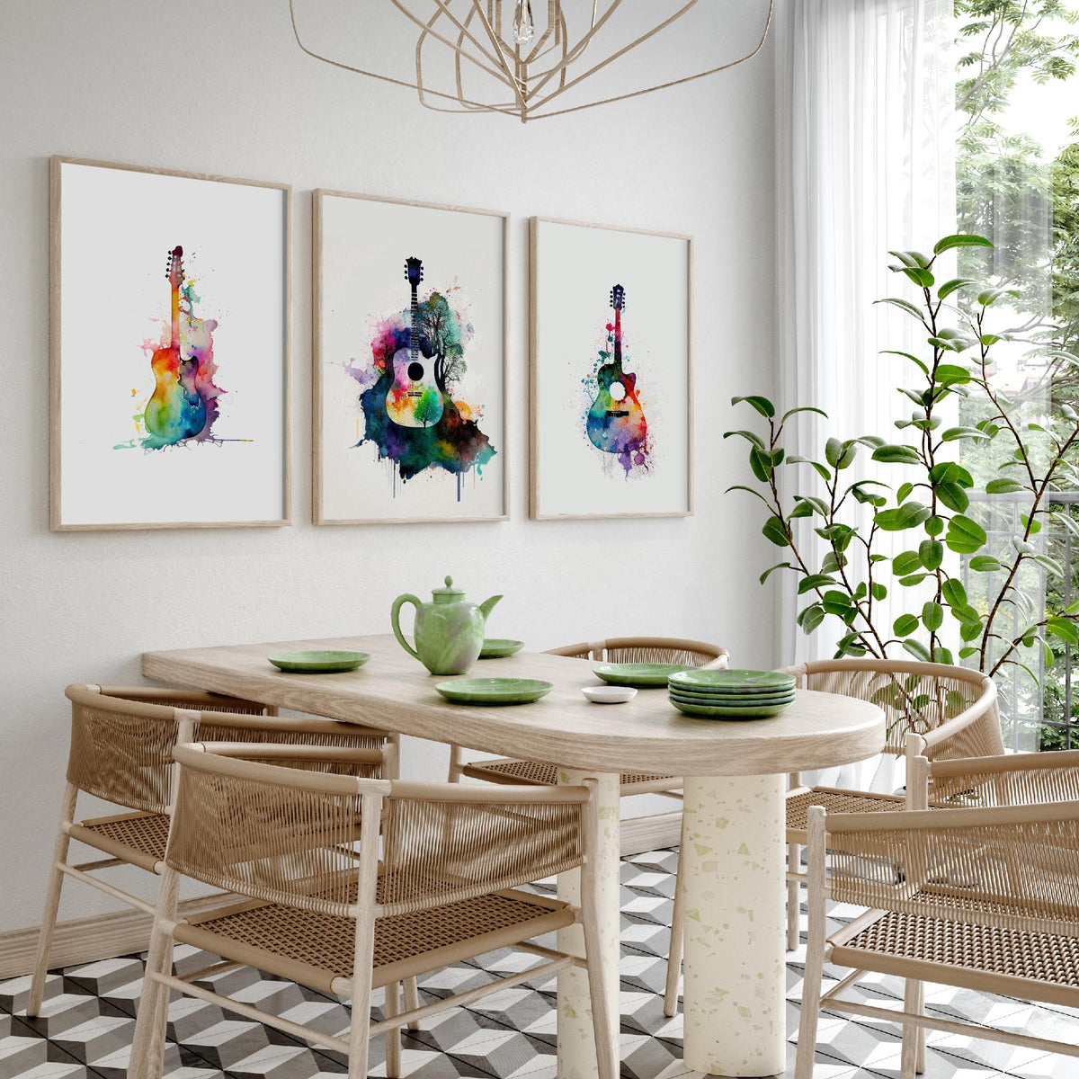 Set of Three Guitar Art Prints - 3 Watercolour Music Posters - Rainbow Guitar Silhouette Wall Art Gift Musician Illustration
