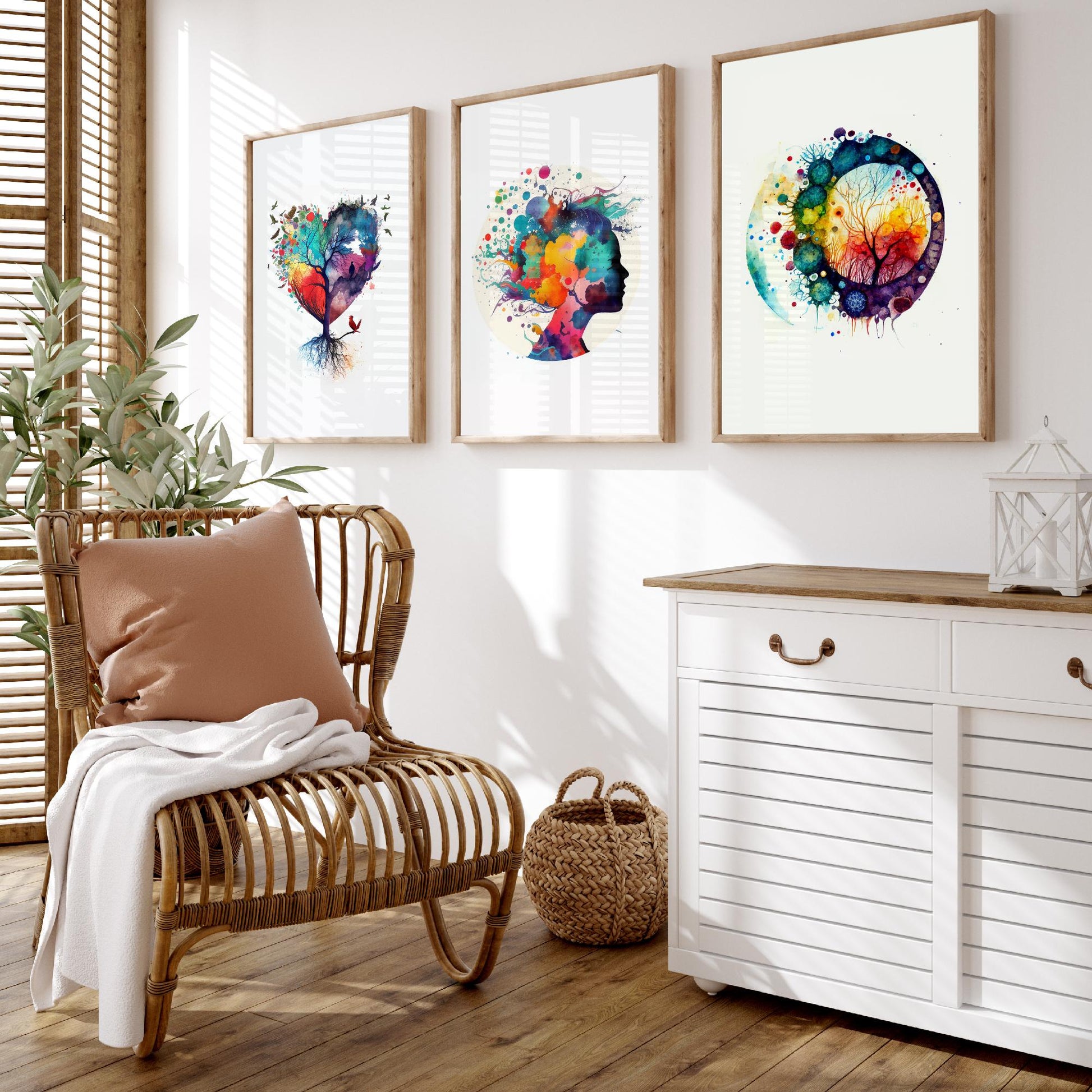 Colourful Mind Set of Three Art Prints - Heart Tree Woman Silhouette Microbiology Cells - Psychology Watercolour Poster