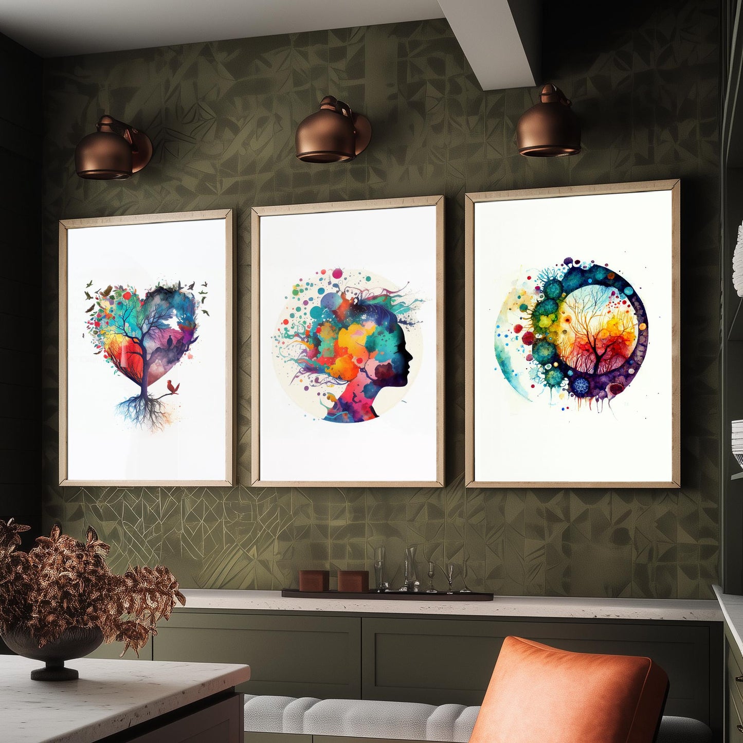 Colourful Mind Set of Three Art Prints - Heart Tree Woman Silhouette Microbiology Cells - Psychology Watercolour Poster