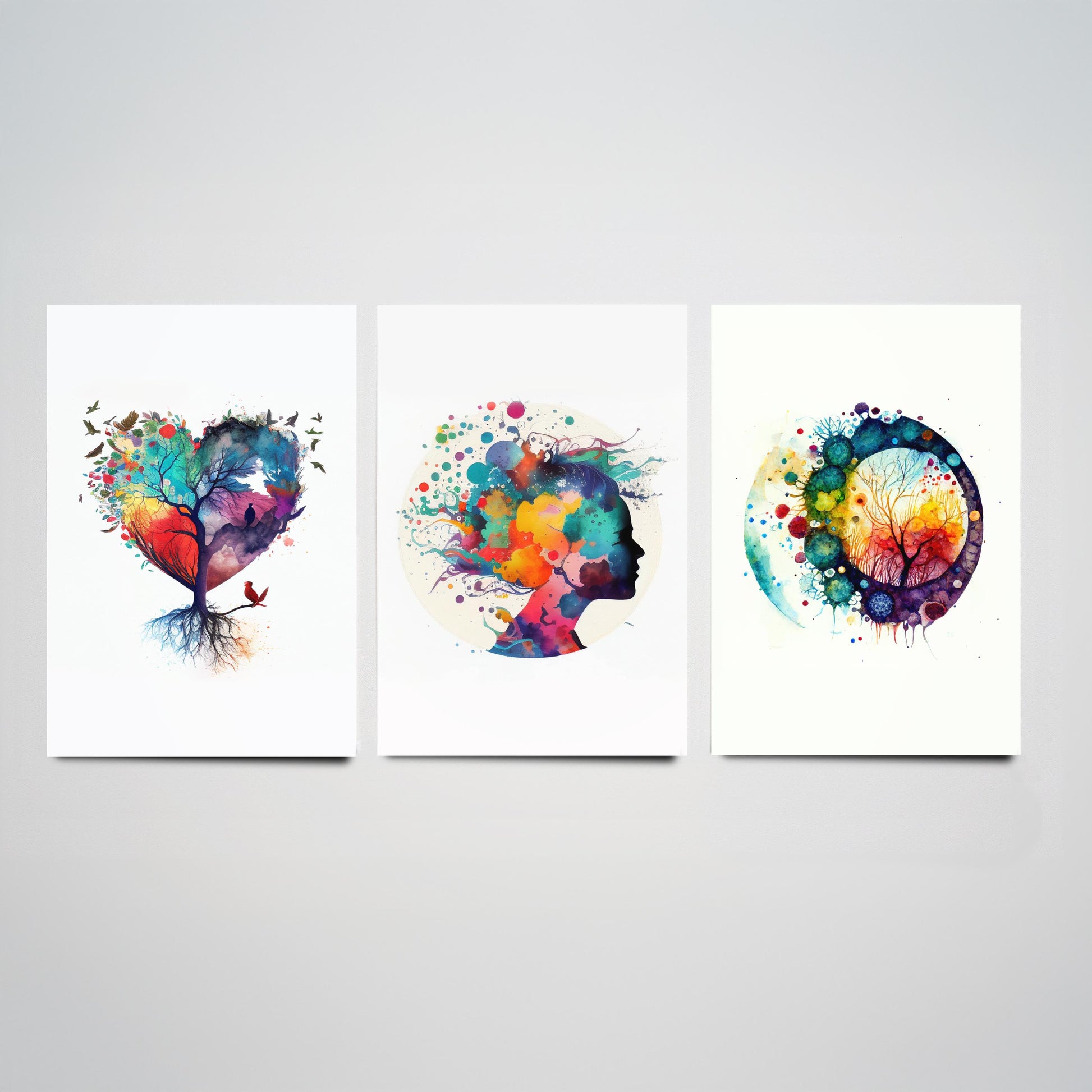 Colourful Mind Set of Three Art Prints - Heart Tree Woman Silhouette Microbiology Cells - Psychology Watercolour Poster