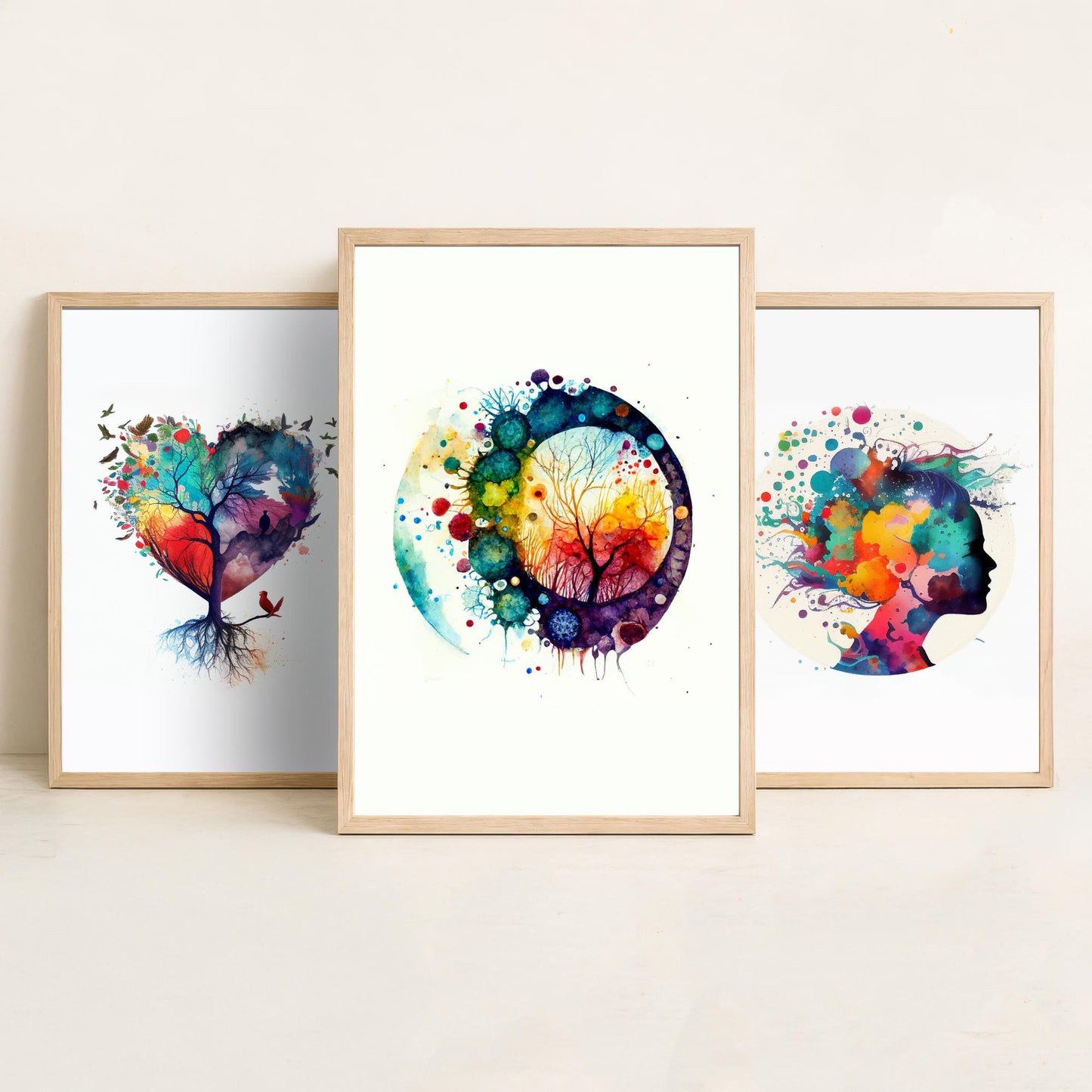 Colourful Mind Set of Three Art Prints - Heart Tree Woman Silhouette Microbiology Cells - Psychology Watercolour Poster