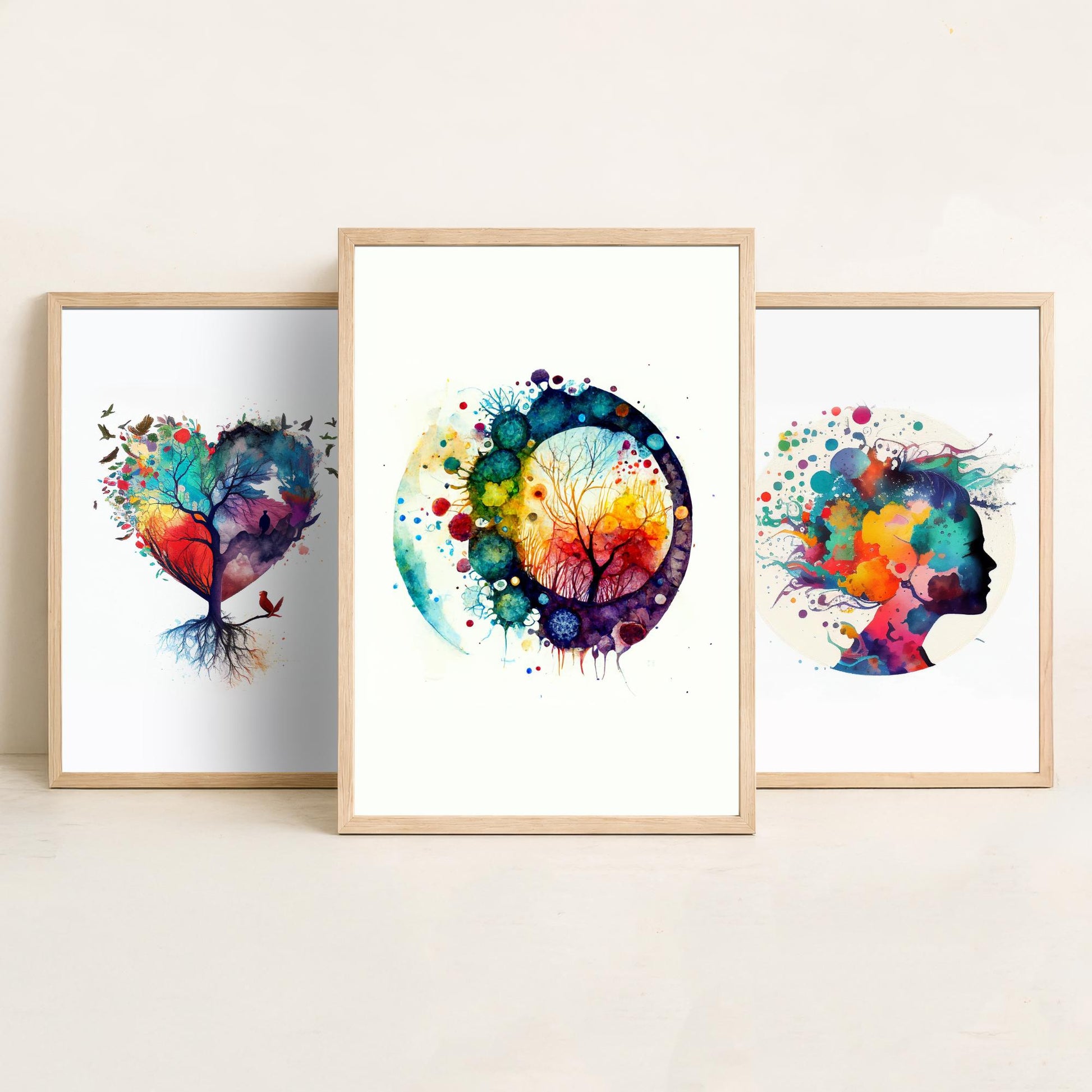 Colourful Mind Set of Three Art Prints - Heart Tree Woman Silhouette Microbiology Cells - Psychology Watercolour Poster