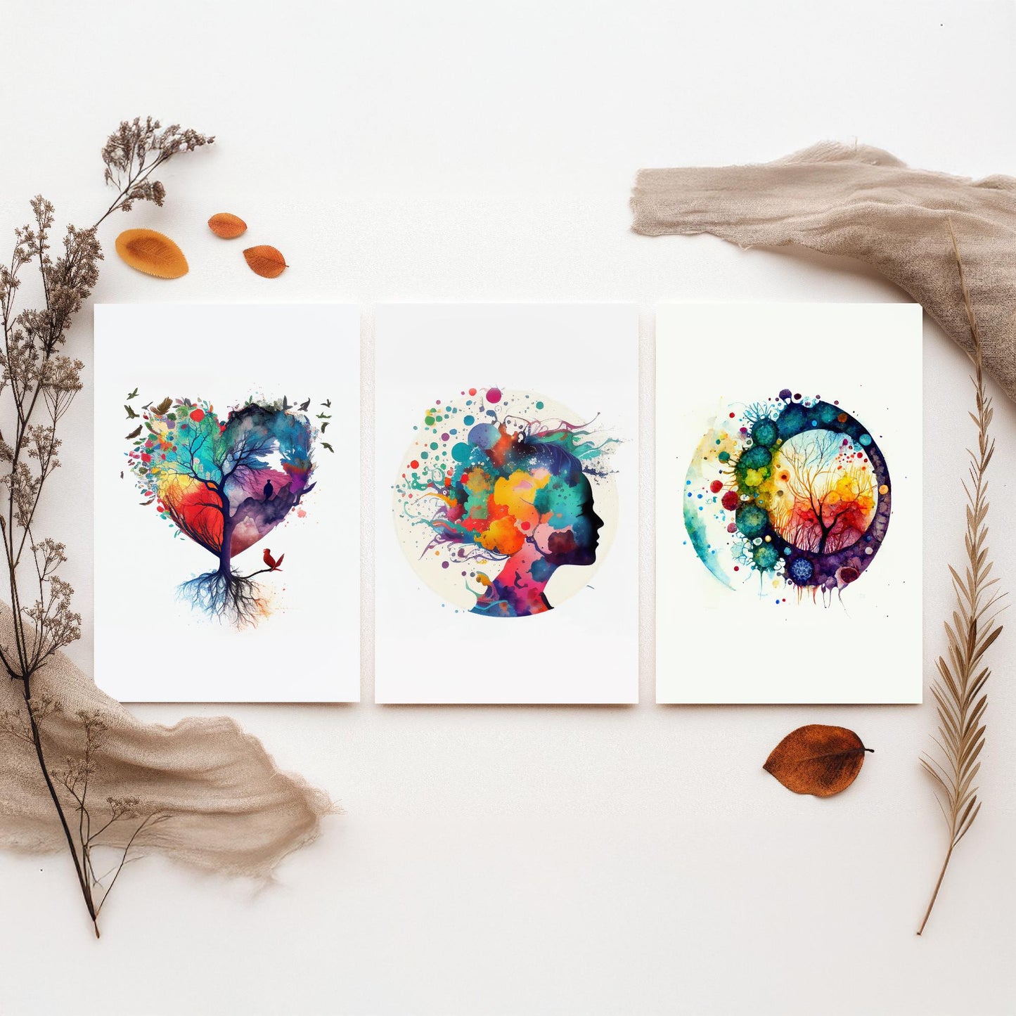 Colourful Mind Set of Three Art Prints - Heart Tree Woman Silhouette Microbiology Cells - Psychology Watercolour Poster