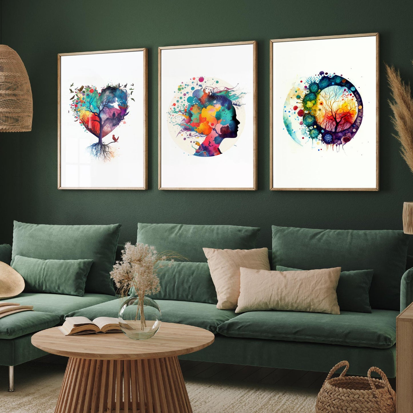 Colourful Mind Set of Three Art Prints - Heart Tree Woman Silhouette Microbiology Cells - Psychology Watercolour Poster