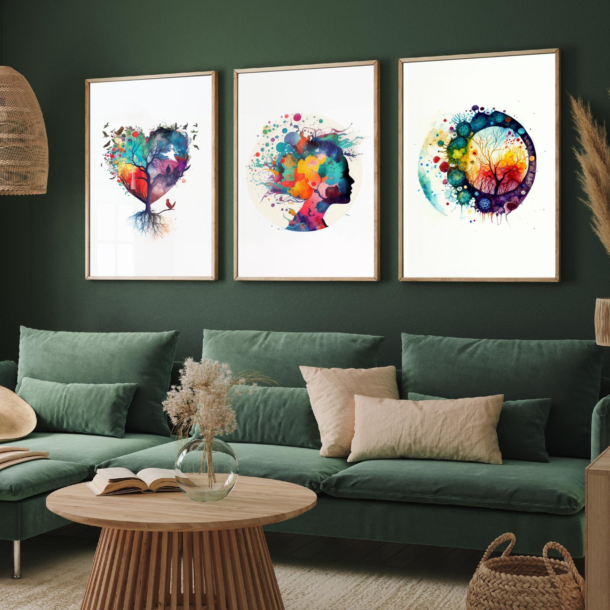 Colourful Mind Set of Three Art Prints - Heart Tree Woman Silhouette Microbiology Cells - Psychology Watercolour Poster